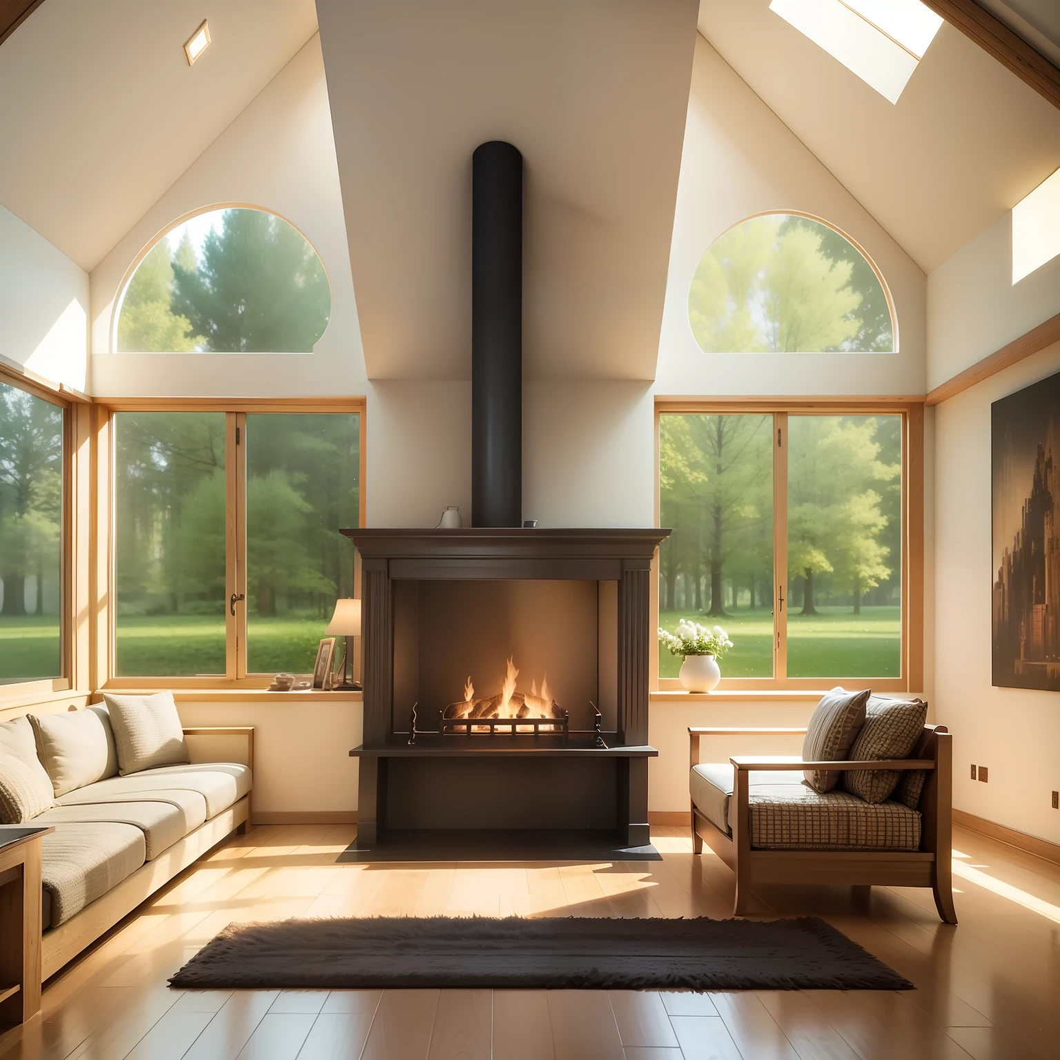 Interior atmospheric decoration,fireplace(1.1 positive viewing angle),There was a sofa,tea table,Ultra photo realsisim, tmasterpiece, best qualtiy,Simple atmosphere, ultra - detailed, 超高分辨率,Indoor HD rendering