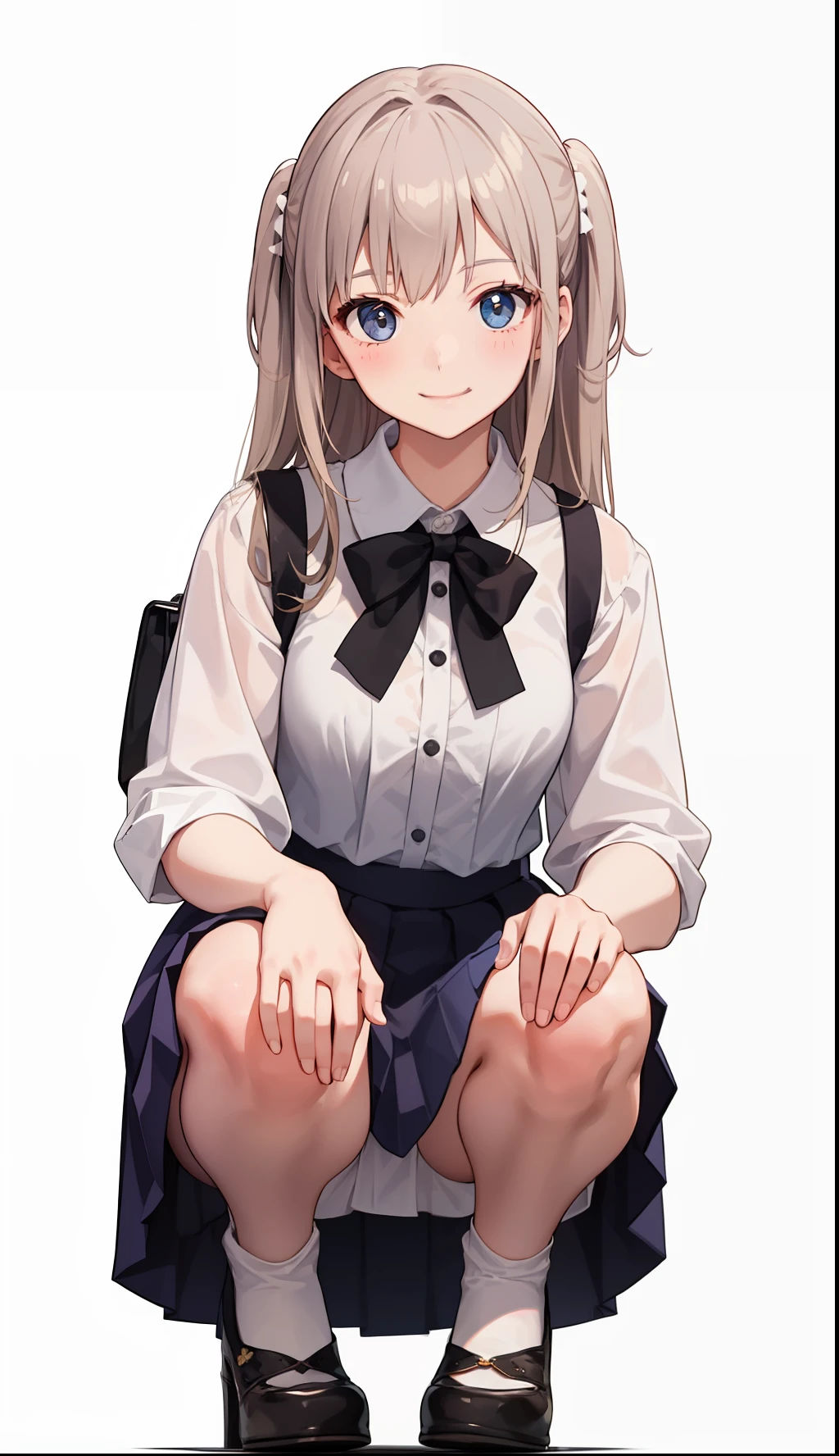 1girl in、A smile、A delightful!　The shirt、pleatedskirt、White skirt、（small tits）Squatting panchira、