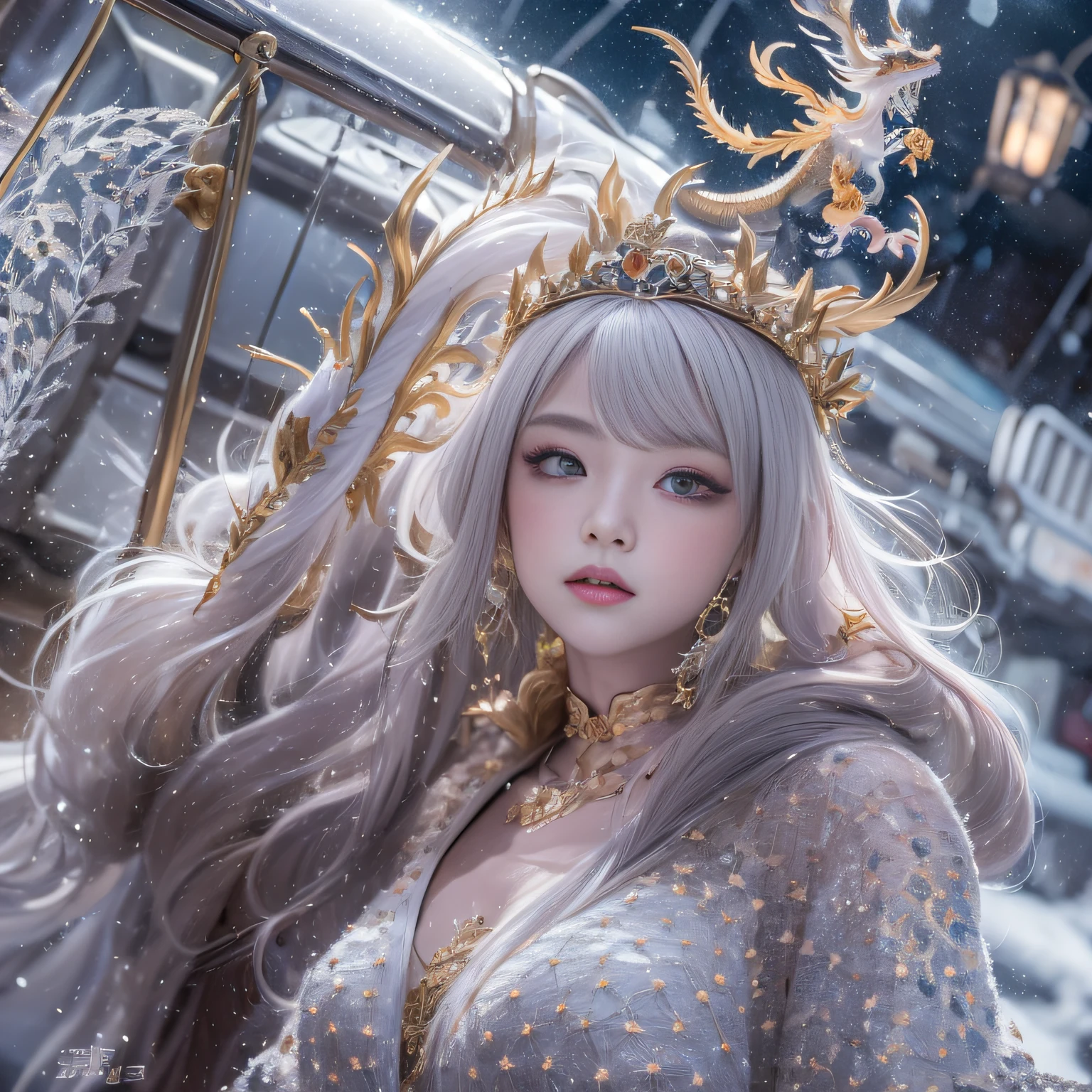 16k（tmasterpiece，k hd，hyper HD，16k）short detailed hair，Vintage train sleeper area，Snow Circle Girl ，Two Golden Dragon Protectors （realisticlying：1.4），Python robe，Purple-pink tiara，Snowflakes fluttering，The background is pure， A high resolution， the detail， RAW photogr， Sharp Re， Nikon D850 Film Stock Photo by Jefferies Lee 4 Kodak Portra 400 Camera F1.6 shots, Rich colors, ultra-realistic vivid textures, Dramatic lighting, Unreal Engine Art Station Trend, cinestir 800，