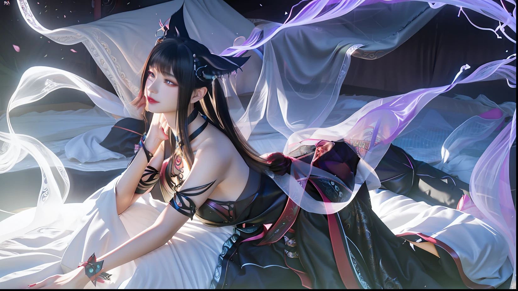 A fox woman in a black dress lies on the bed,Fox ears,Chinese fantasy, xianxia fantasy, full-body xianxia, a beautiful fantasy empress, Fantasy art style,Sexy and feminine,hair flowing,depth of fields,Advancedsense,special effect,Light sense,water bloom,巨作,photorealestic