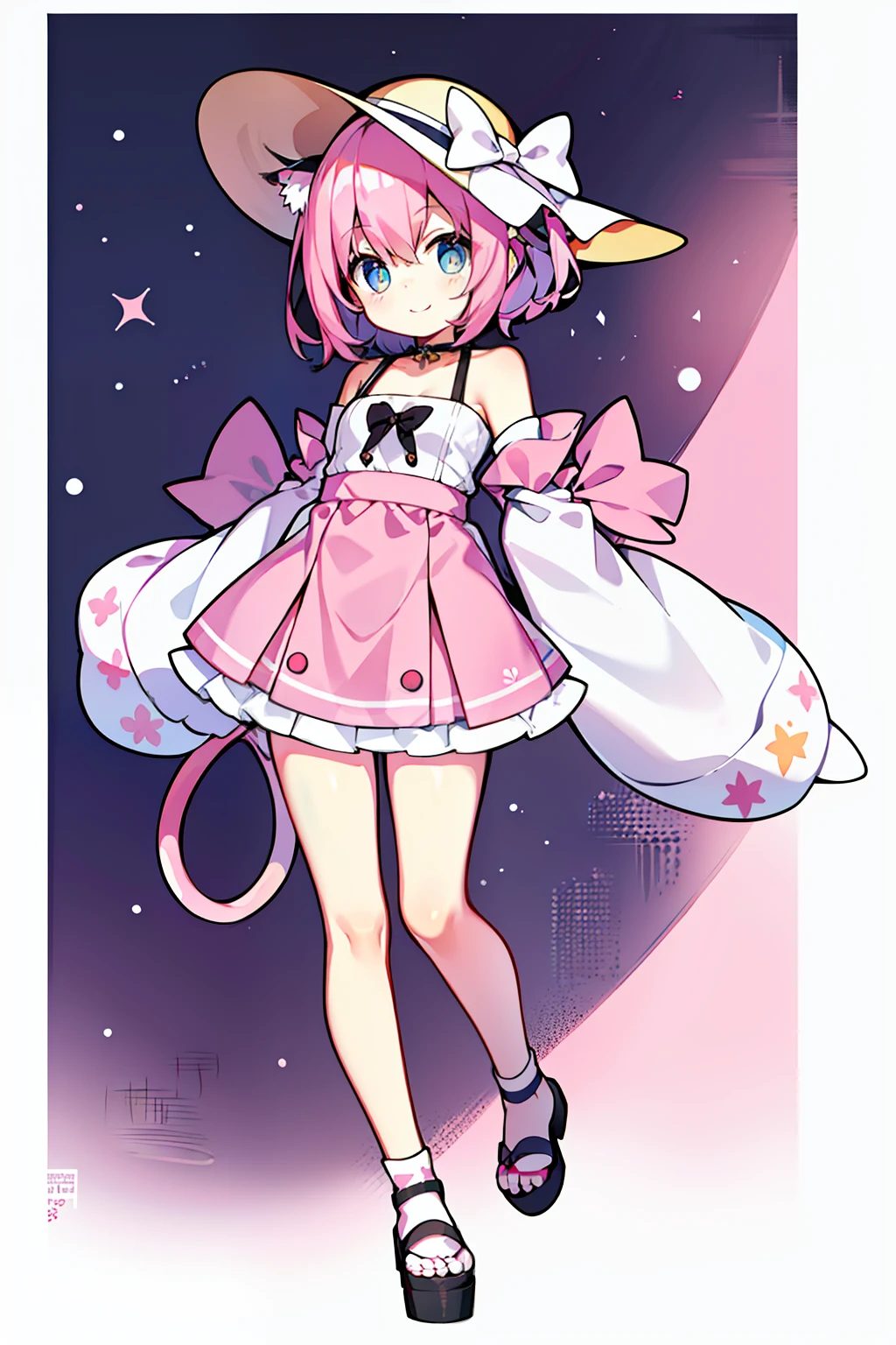 Chattotori， 1girll， pink sleeve， 独奏，Cat ears， Separate the sleeves， full bodyesbian， ssmile， a skirt， looking at viewert， shift dresses， exposed bare shoulders， Bare legs， Beautiful detailed eyes， Be red in the face， standing on your feet， 鎖骨， No shoulder strap， bucket-hat， Footwear， leges， frilld， flatchest， short  skirt， Bow knot， longer sleeves， arms at sides， beatiful background，