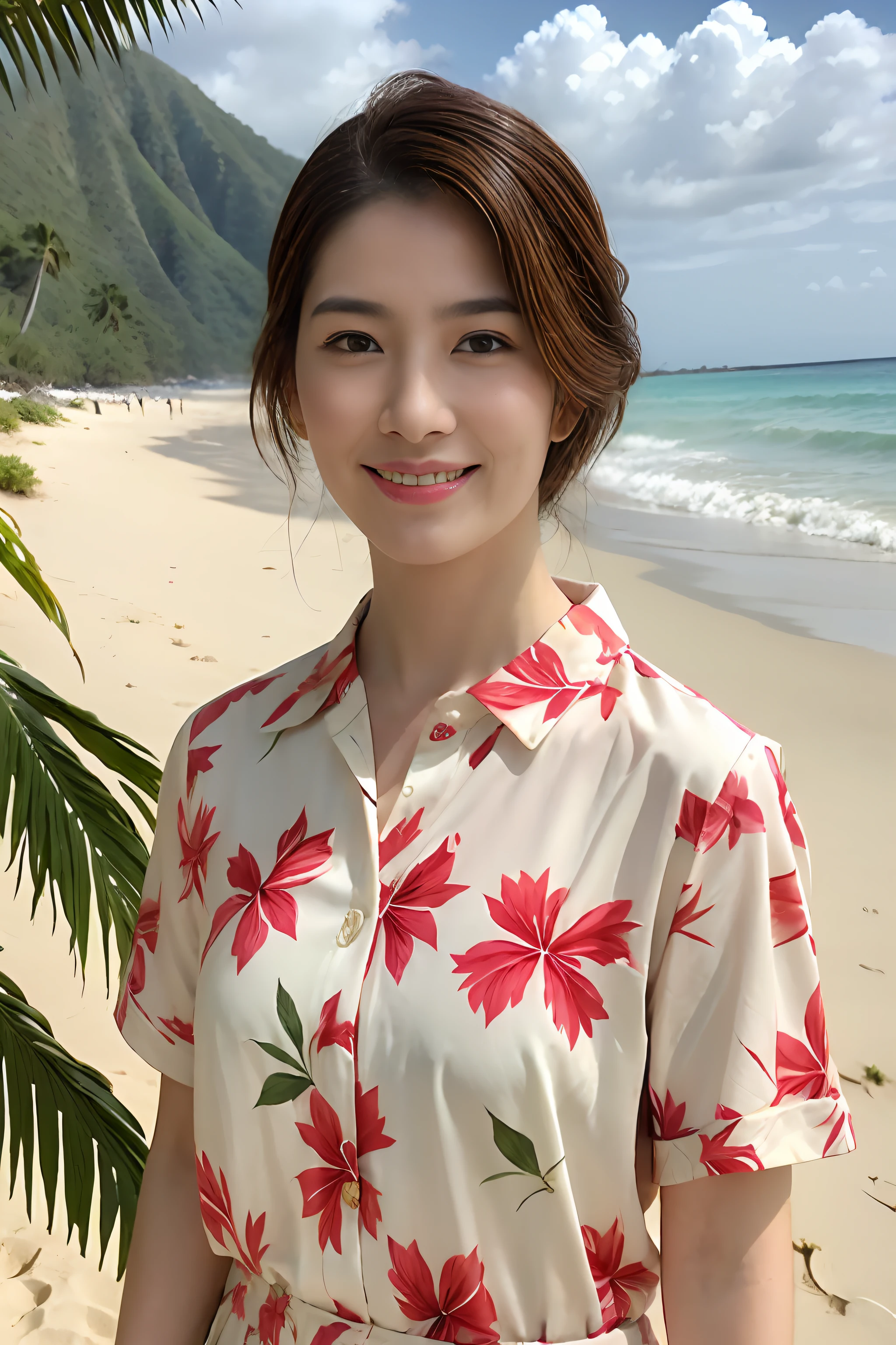 top-quality、​masterpiece、超A high resolution、女の子1人、Shorthair､Hibiscus Print Aloha Shirt､Being on the beach(put hibiscus on the right side of the head,)