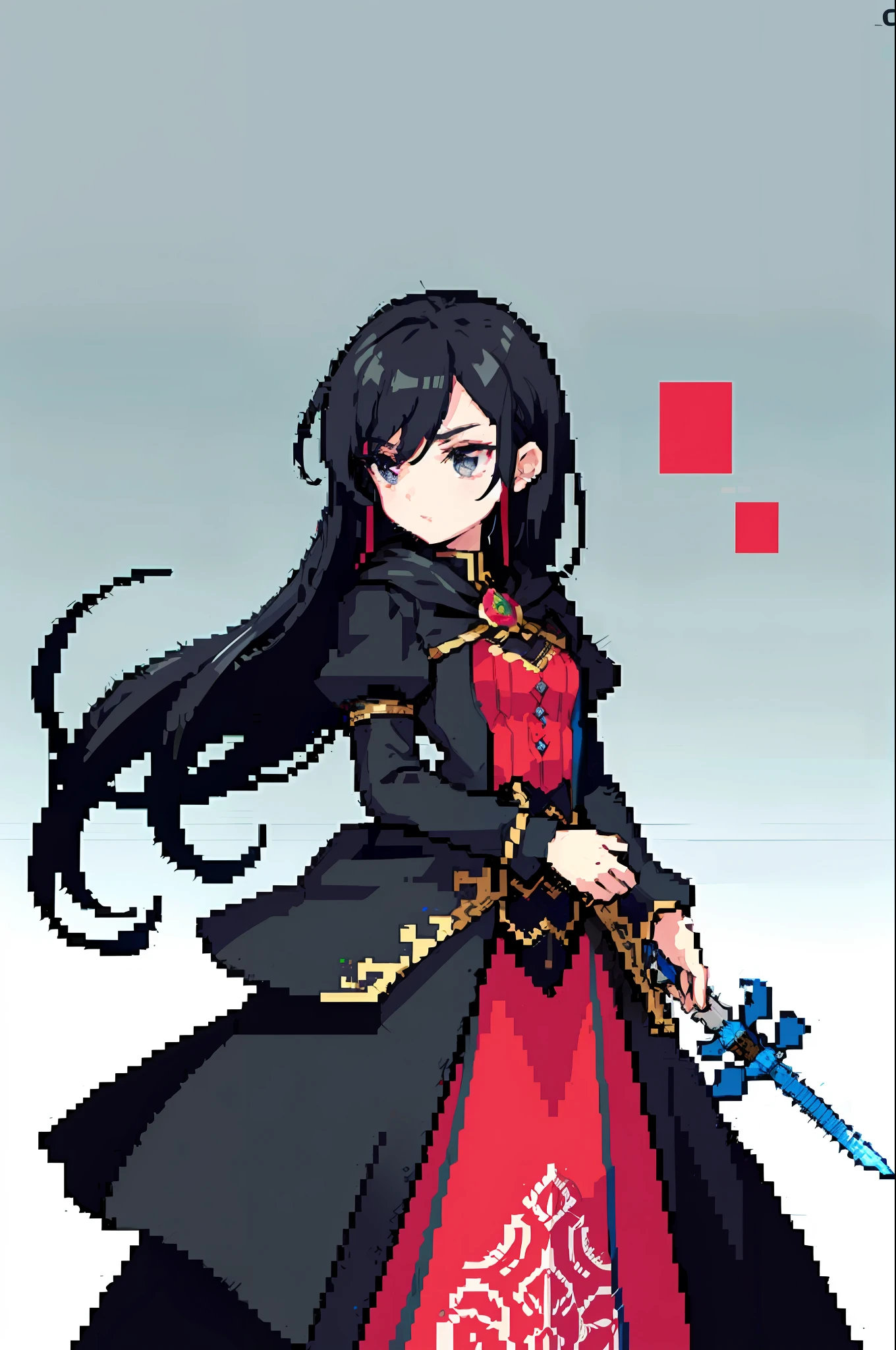 （tmasterpiece，top Quority，best qualtiy），pix，pixelart，1girl，The sword，a black cloak，black color hair，black reotard，red color eyes