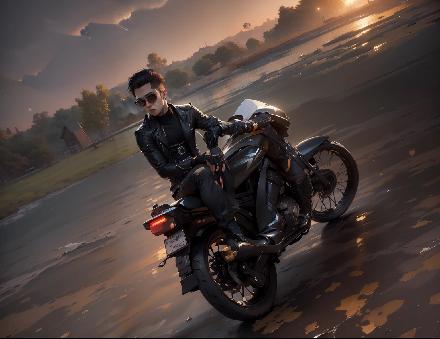 ((Midnight, Best quality, 8k, Masterpiece :1.3)), Whole body, Long legs, Sharp focus :1.2, A handsome boy :1.4,sit on a super bike, black jacket and black jeans , sunglass, Highly detailed face and skin texture, Detailed eyes, Double eyelid