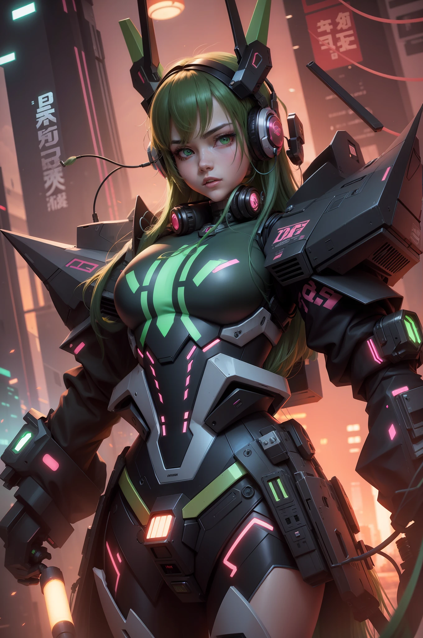 Female, girl, 3d, long hair, green hair, pretty, human face, headphone, Gundam, cyberpunk , neon, chest armor, furure mask mouth