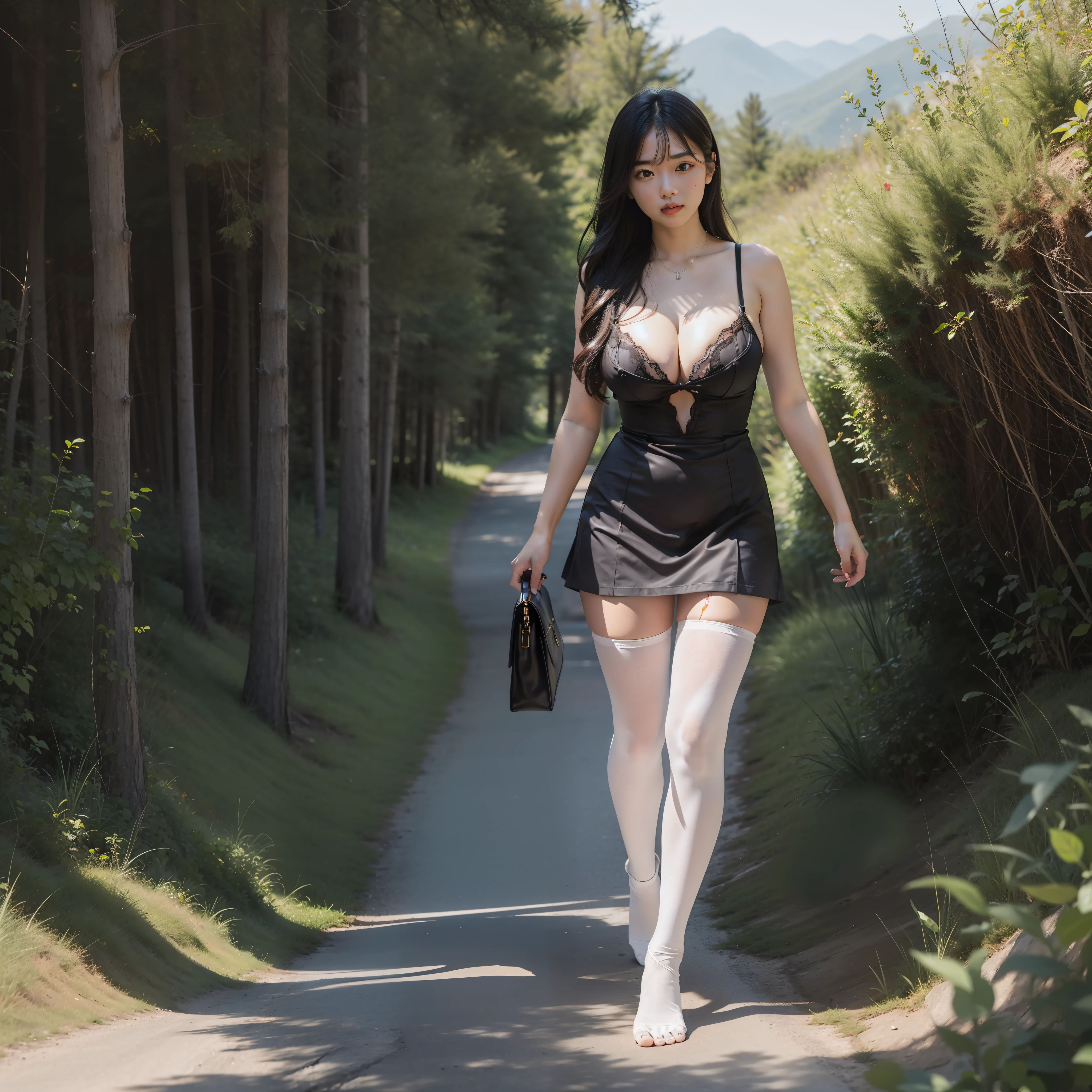 tmasterpiece,best qualtiy:1.4),Smooth movement,(2girls),(highest details),lacepantyhose,without wearing shoes,Whole body diagram,taking a walk,climbing mountain,Shade,mountain path,The kinky is exposed,big breasts exposed cleavage