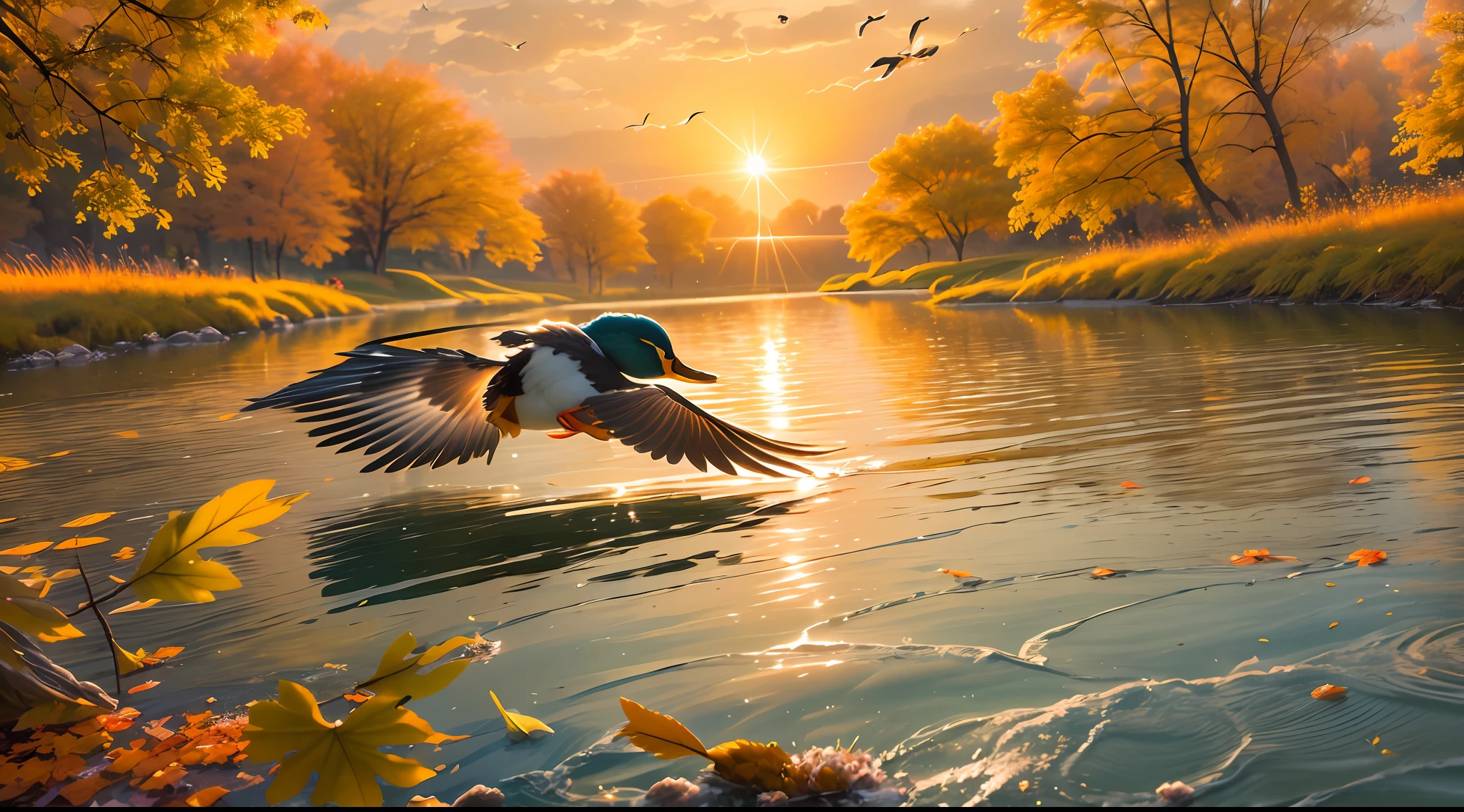 (best quality:1.4),high details,high quality,super detail,masterpiece,The setting sun and the solitary wild duck fly together,while the autumn water shares the same color as the boundless sky,