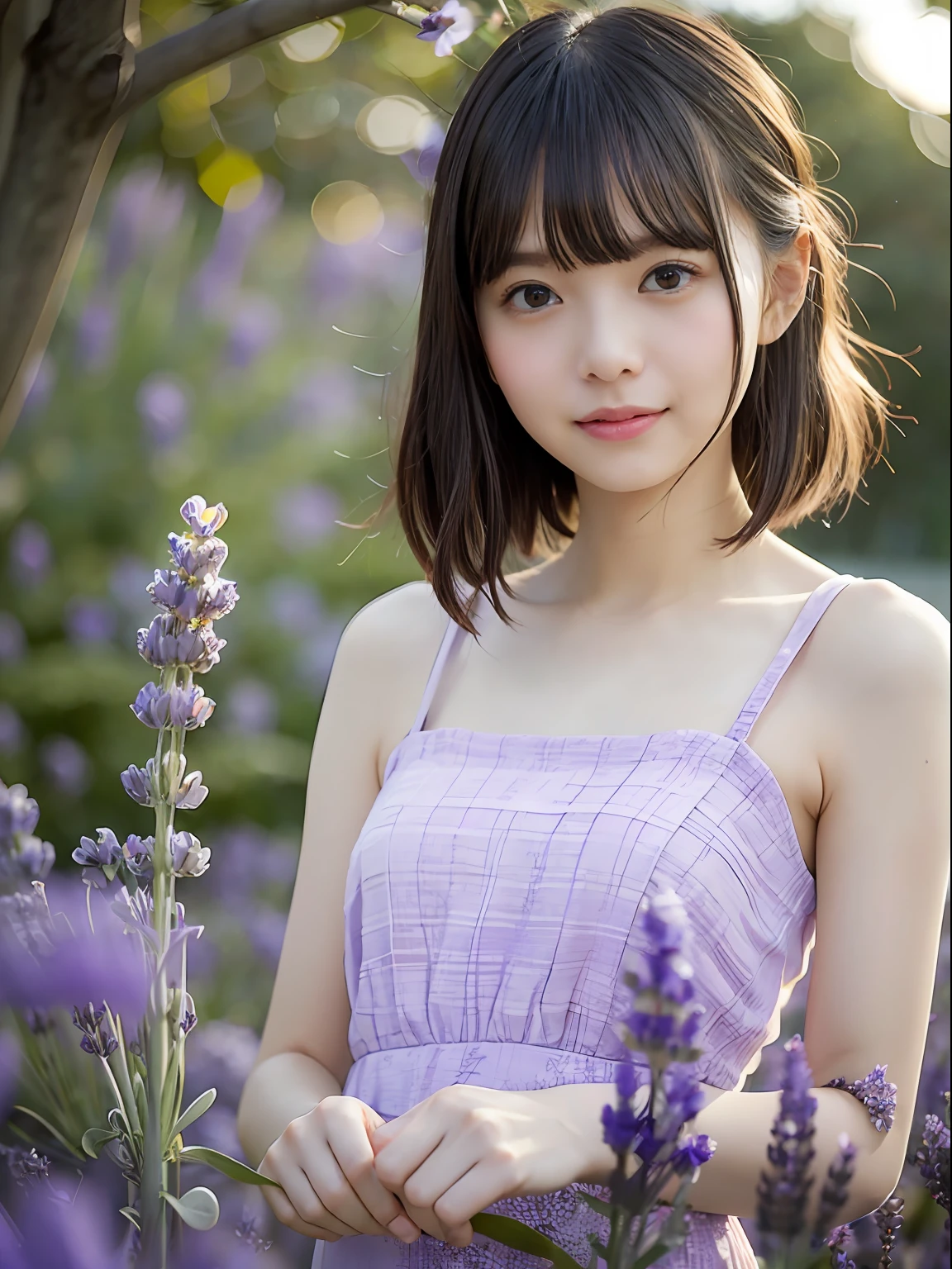 (((fully body photo)))), ((Single Eyelids))),((Sunset backlight))),(lens flare glow)),(Wear classical clothing)),(Super Soft Focus)))))), ssmile, (Configuration file)))), (Upp)), at twilight, Showers, Colorful lavender on background, Surrounded by lavender flowers, Take lavender((pastel sunset)), (yinchuan:1.5), tmasterpiece, best qualtiy, RAW photogr, Photorealsitic, the face, beuaty girl, adolable, short detailed hair, ((((depth of fields)))), A high resolution, Hyper-detailing, finedetail, Very detailed, cinmatic lighting