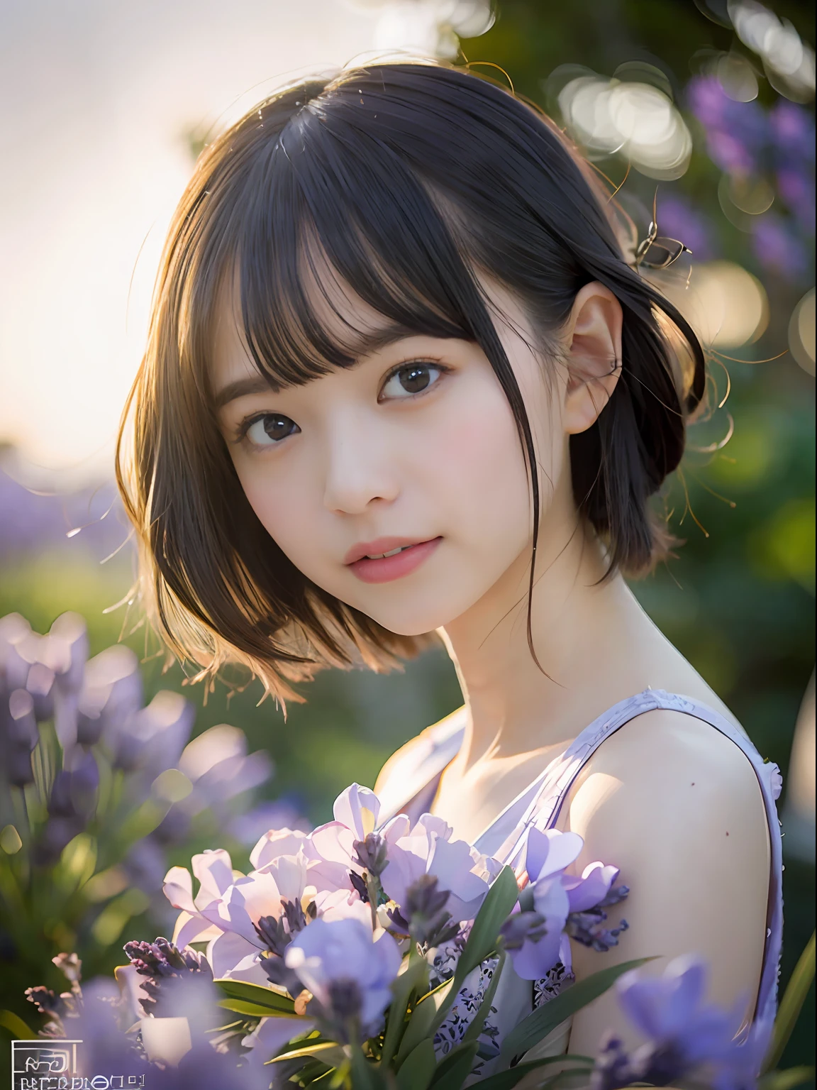 (((fully body photo)))), ((Single Eyelids))),((Sunset backlight))),(lens flare glow)),(Wear classical clothing)),(Super Soft Focus)))))), ssmile, (Configuration file)))), (Upp)), at twilight, Showers, Colorful lavender on background, Surrounded by lavender flowers, Take lavender((pastel sunset)), (yinchuan:1.5), tmasterpiece, best qualtiy, RAW photogr, Photorealsitic, the face, beuaty girl, adolable, short detailed hair, ((((depth of fields)))), A high resolution, Hyper-detailing, finedetail, Very detailed, cinmatic lighting