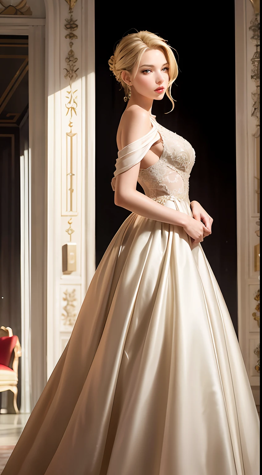 European and American women, A fashion model, wearing evening gown, Glamour, paparazzi taking pictures of her, Blonde hair, Brown eyes, 8K, High quality, Masterpiece, Best quality, HD, Extremely detailed, voluminetric lighting, Photorealistic