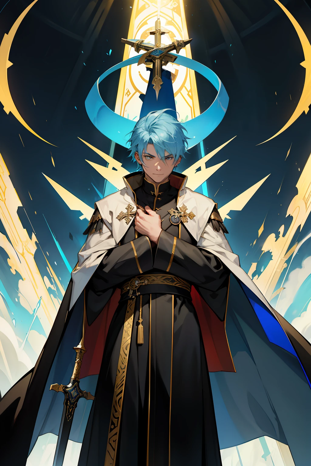 high qulity，Best quality at best，Refined face，(Nice face)，Long light blue blue hair，A male clergyman，The facial features are clearly defined，Swordsman，Pope，Arbiter，Holding a giant sword，Resolute，cool guy，There was a blood-colored light behind it，pagan，crosses，Dressed in black and gold clergy attire，Wearing gold robe pants，depth of fields
