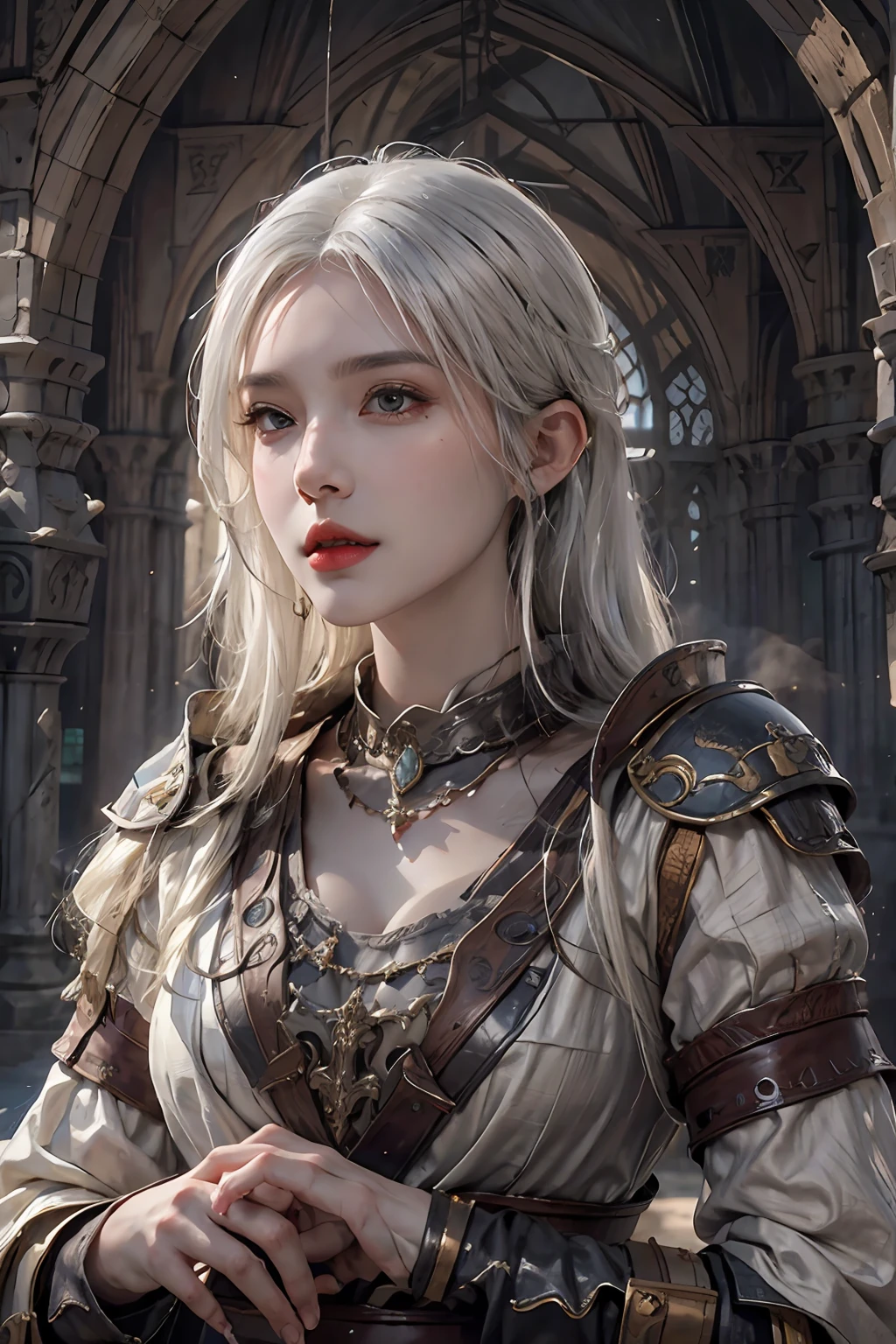 photorealistic, high resolution, 1women, solo, hips up, look at viewer, (detailed face), white hair, medieval armor, dark souls style, jewelry