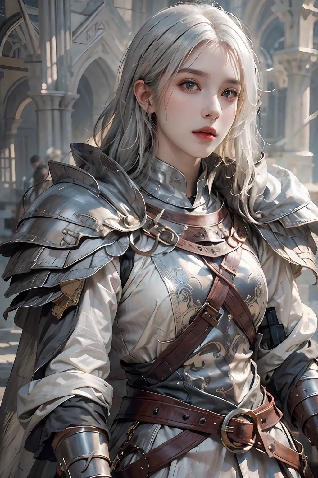 photorealistic, high resolution, 1women, solo, hips up, look at viewer, (detailed face), white hair, medieval armor, dark souls style, jewelry