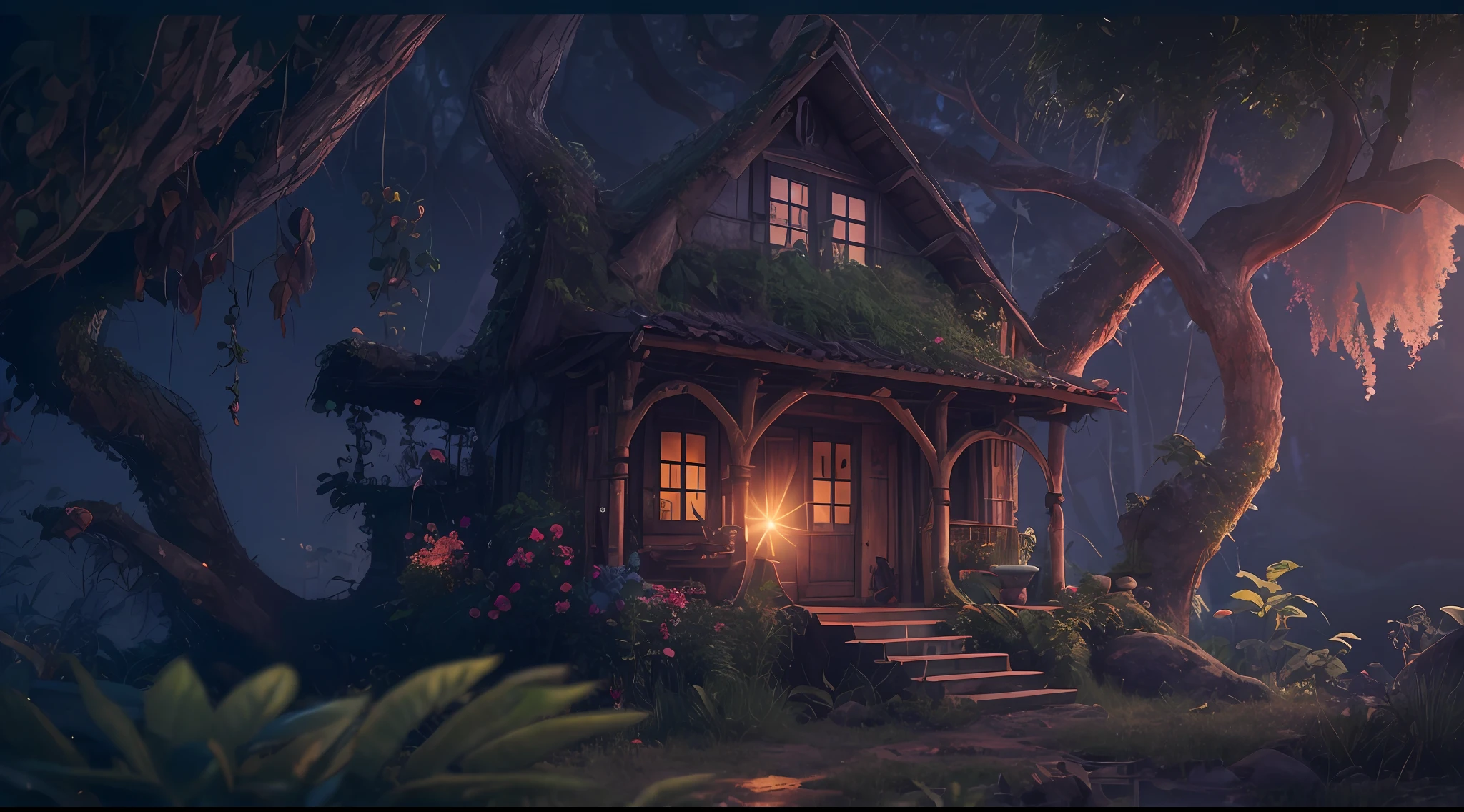 A mysterious house in the jungle at dusk、mystical、Magical、Fantasia、, first-person view, Canon, masterpiece, best quality, highres, 8k