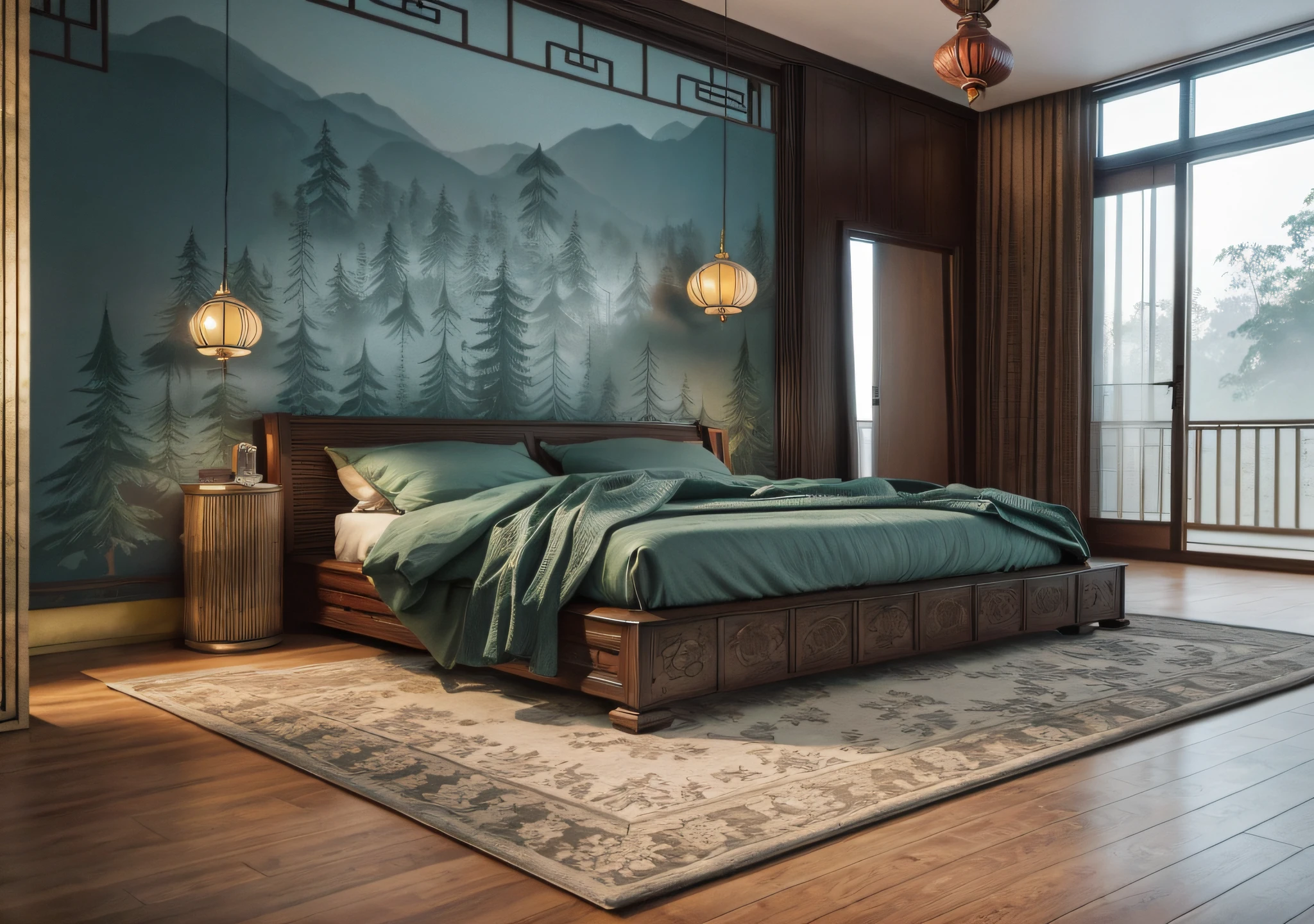 RAW photo, 8k, masterpiece, high quality, film grain, Fujifilm XT3, (very realistic), Interior design bedroom in the forest, Southeast Asian style decoration, Viet Nam, multi-angle display, 3d rendering, comfortable interior lighting, super detail, movies, furniture and glass in the evening, 8K, indochine_bedroom, (indochine style:1.4), dark wood