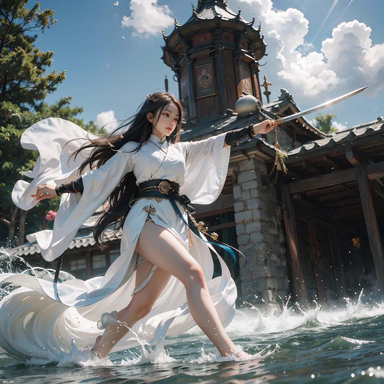 A girl in the water with sword with mountain background, queen of the sea mu yanling, by Yang J, sword and wand – water, 3D CGI fantasy artwork, Artgerm and Atey Ghailan, By Leng Mei, Artgerm and Ruan Jia, Kushatt Krenz Key Art Women,((4K,Masterpiece,Best quality)),lotuses, Hanfu, maxikit, Dress conservatively ,Solo, Blue long hair,flowy,knight-errant,sword,Walk in righteousness,knight-errant,Wield a sword,Combat defense,martial art pose,Kung Fu Movements,Wave weapons,Bigchest,Thin waist and thick hips,Charming,Moving,Enchanted,seductiv,Impeccable,prette,Fine,National style💘,Martial arts style,juicy legs,Hanfu elements,classical,nice hand,delicated,the detail,Texture,changing winds and clouds,Big waves,Surge forward,Flying sword surrounding,Swords,(Detailed hand movements),Delicate hands,(Sword effect:1.5),Detailed hand movements,