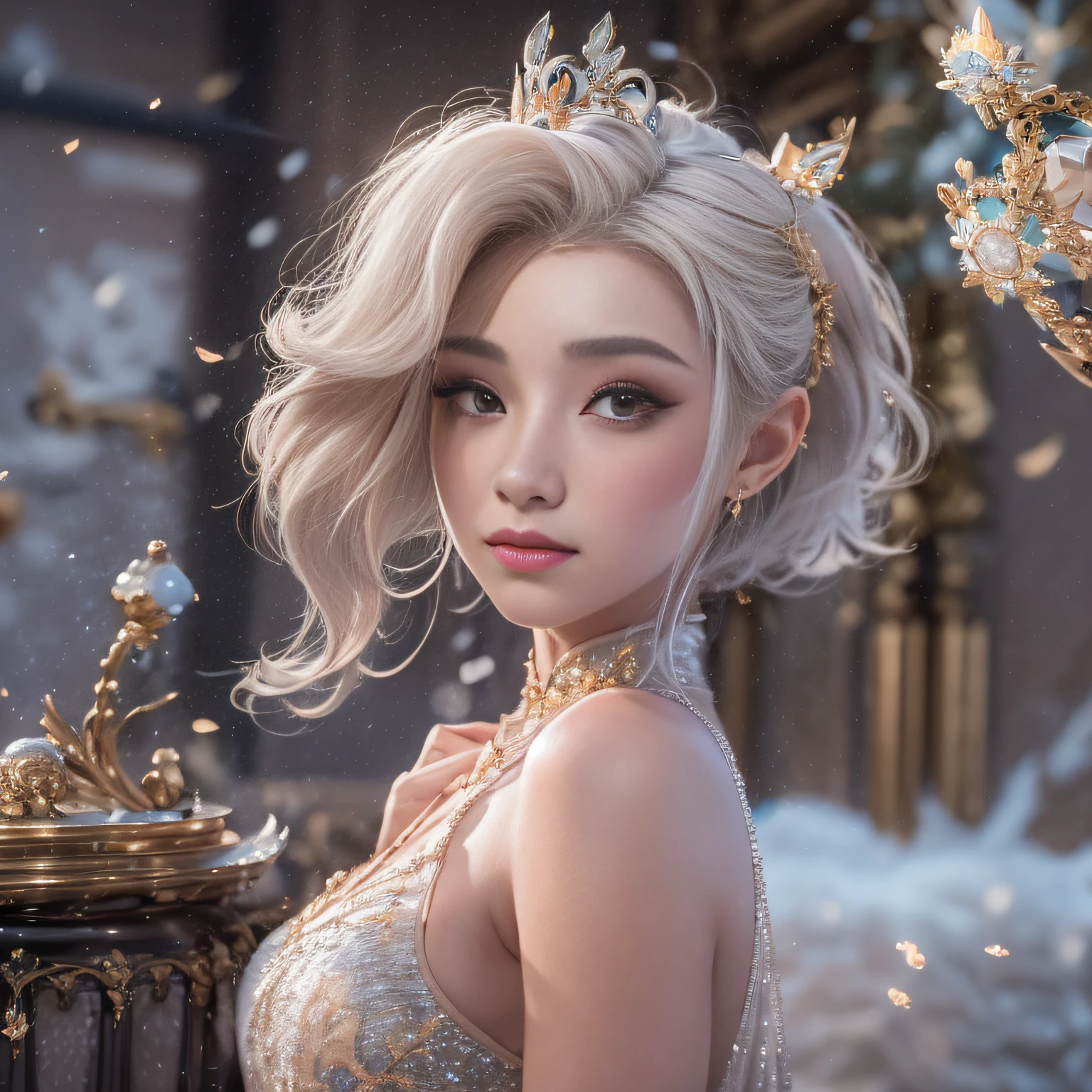 16k（tmasterpiece，k hd，hyper HD，16k）short detailed hair，Vintage train sleeper area，Snow Circle Girl ，Two Golden Dragon Protectors （realisticlying：1.4），Python robe，Purple-pink tiara，Snowflakes fluttering，The background is pure， A high resolution， the detail， RAW photogr， Sharp Re， Nikon D850 Film Stock Photo by Jefferies Lee 4 Kodak Portra 400 Camera F1.6 shots, Rich colors, ultra-realistic vivid textures, Dramatic lighting, Unreal Engine Art Station Trend, cinestir 800，