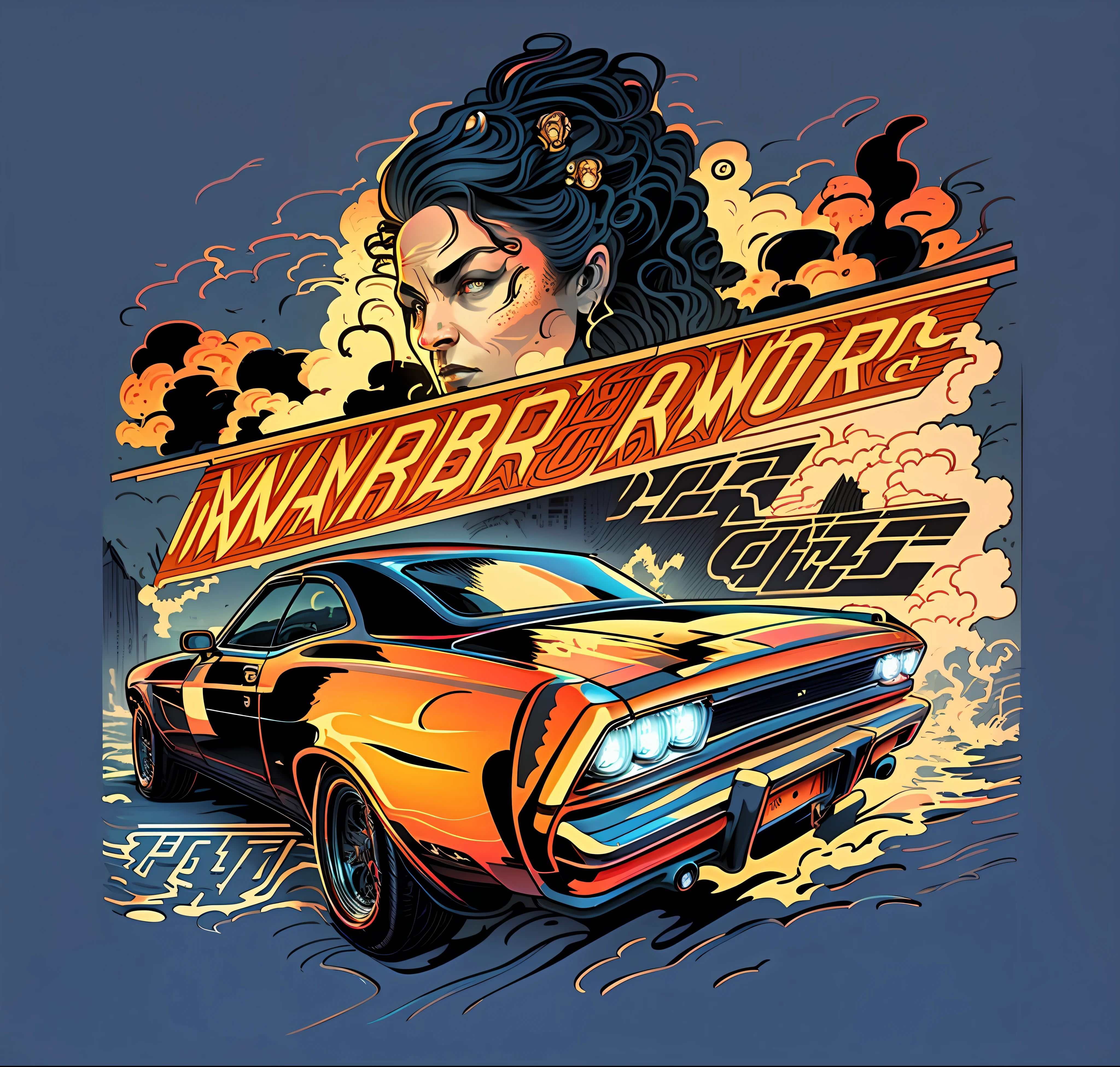 A woman is in the car，There are checkered flags and checkered flags, musculature, muscle car, musculous, inspired by Tim Doyle, side profile artwork, jen bartel, high detail iconic character, vintage car, in style of digital illustration, Muscular!!, racer, Muscular!, Official artwork, full color digital illustration