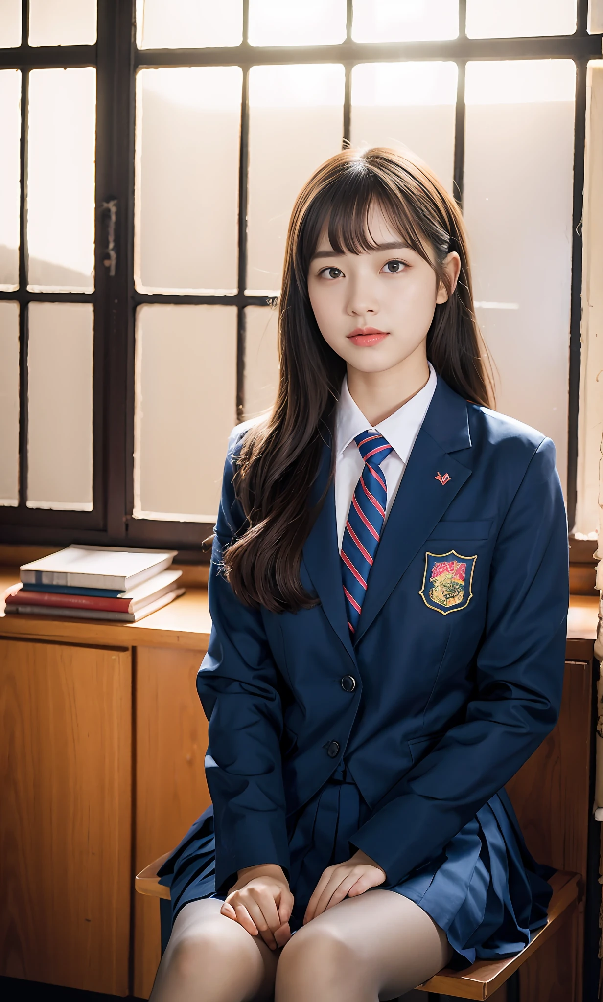 ulzzang-6500-v1.1, (raw photo:1.2), (photorealistic:1.4), beautiful detailed girl, very detailed eyes and face, beautiful detailed eyes, absurd, incredibly ridiculous, huge file size, super detailed, high resolution, very detailed, best quality, masterpiece, kemomimi, ((high school uniform)), illustration, very detailed, CG, unified, 8k wallpaper, amazing, fine details, masterpiece, best quality, very detailed CG uniform 8k wallpaper, face light, cinematic lighting, 1girl, , (long skirt), (half), (socks)), (sitting in classroom))