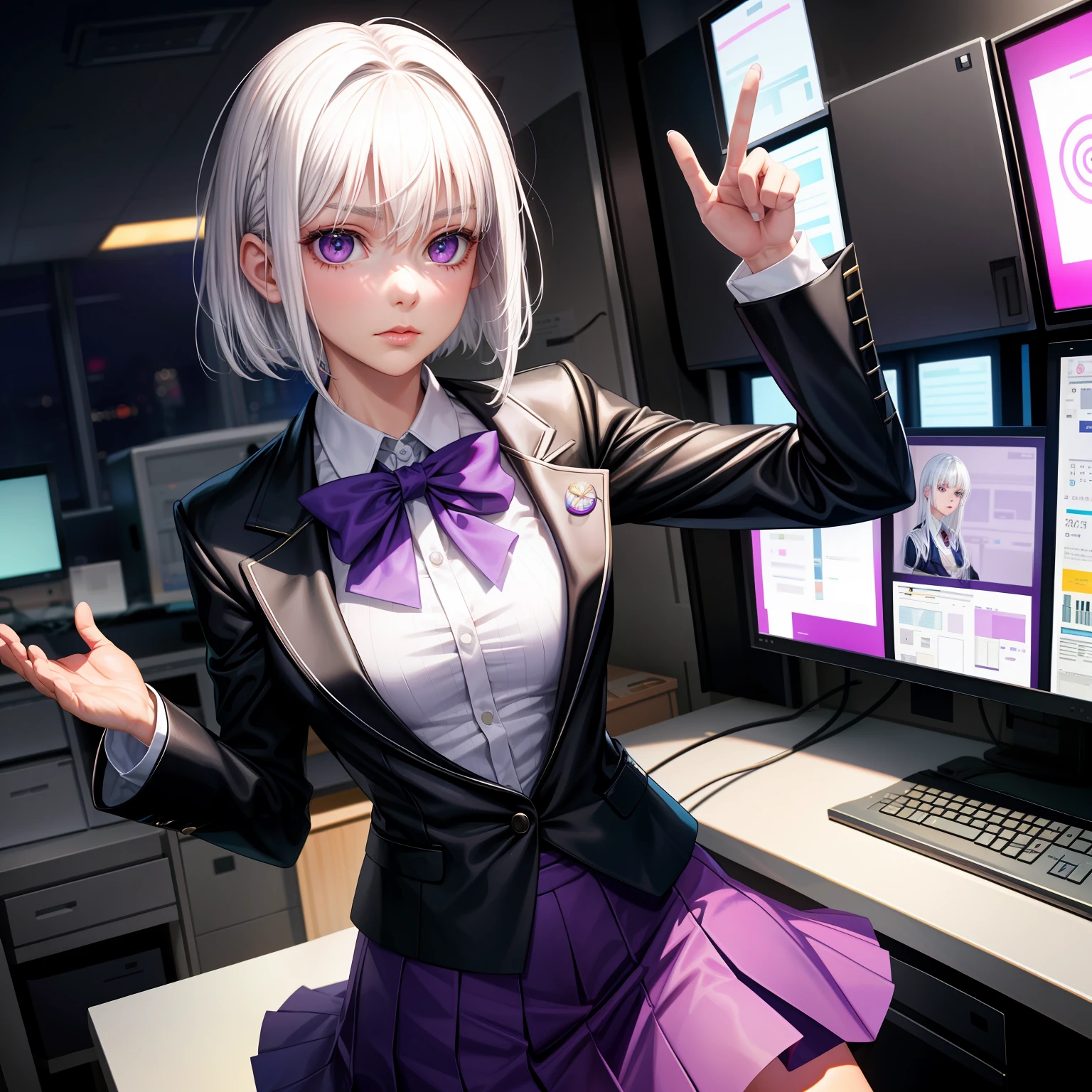 realisticlying，1girll，White hair，Purple eye，Cut the top，a skirt，parted lip，astonishment，the night，Inside the office，Listening to the radio