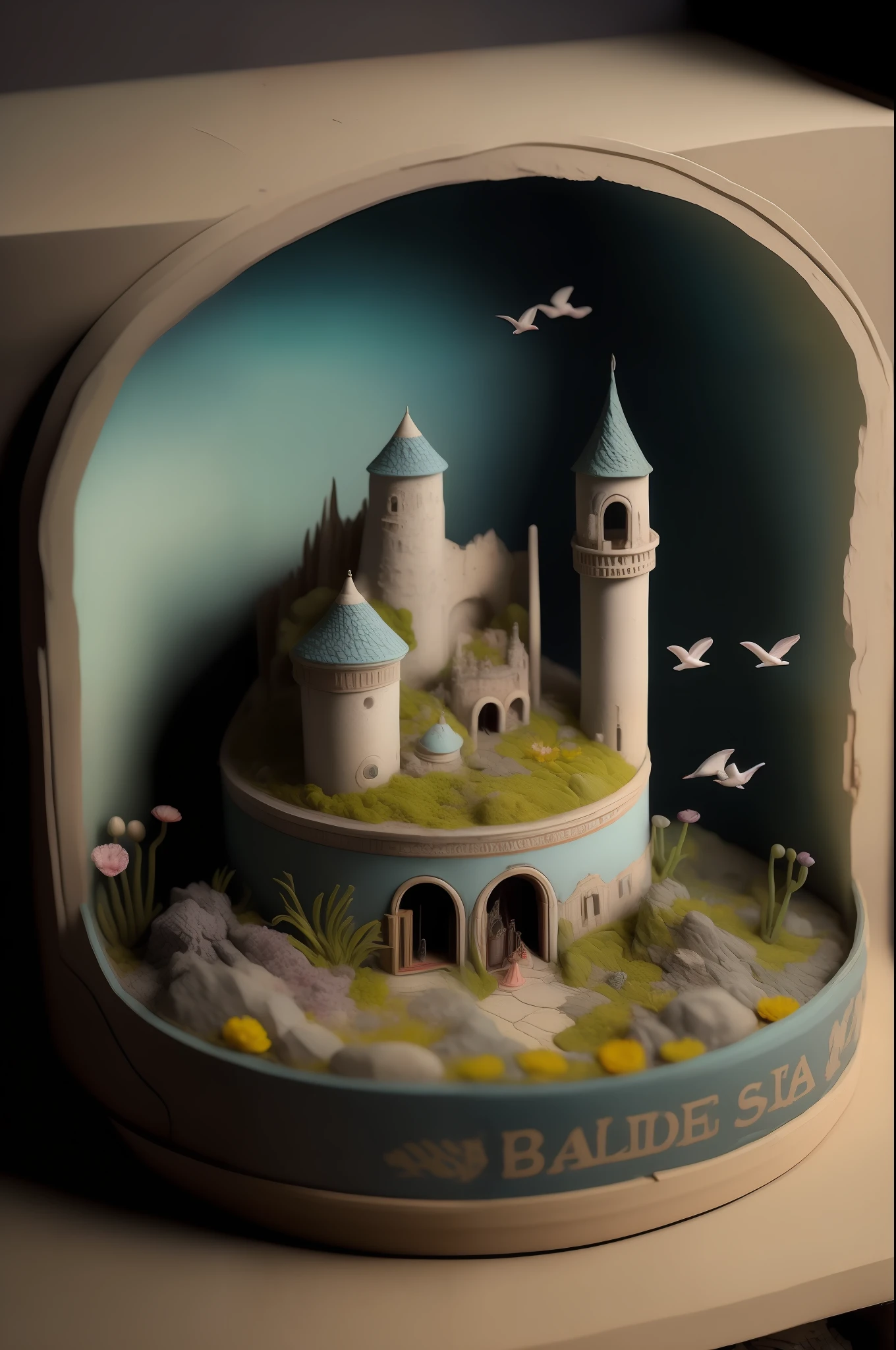 by the pumice island of Baiae Bay,And saw sleeping old palaces and towers,Shivering on a stormy day,All overgrown with azure moss and flowers,diorama,  Hyper-detailing, Many details about the details, Very cool shots, Super epic, 8K, Leica MP Leica Summicron-M 35mm f/2 ASPH Cinestar 800T, color film、(Diorama made of colorful clay:1.4),Professional expression