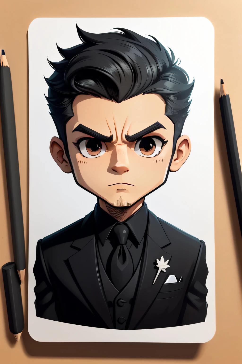 vectorstyle， no gradien，a sticker，（Square face contour for boys，Close-up Shot Shot，In black suit）with black background，no body，Hair Very Short，line art，Pencil Drawing Style