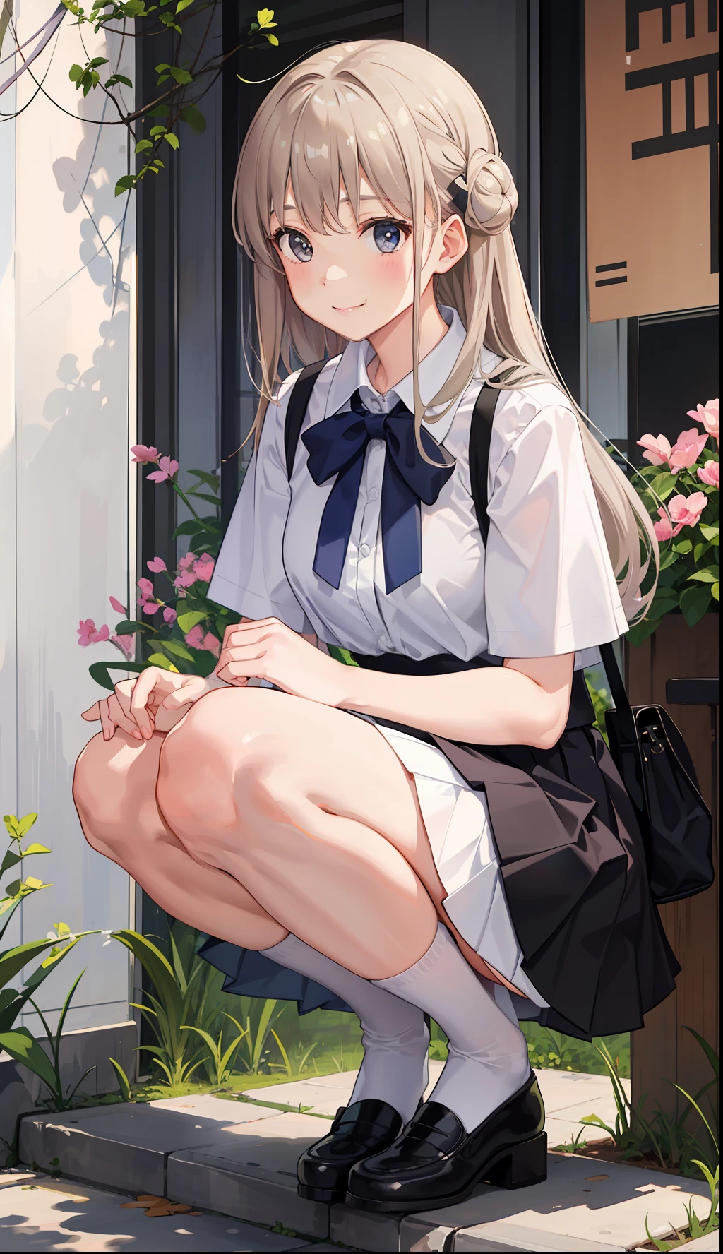 1girl in、A smile、A delightful! The shirt、pleatedskirt、White skirt、(small tits)Squatting panchira、