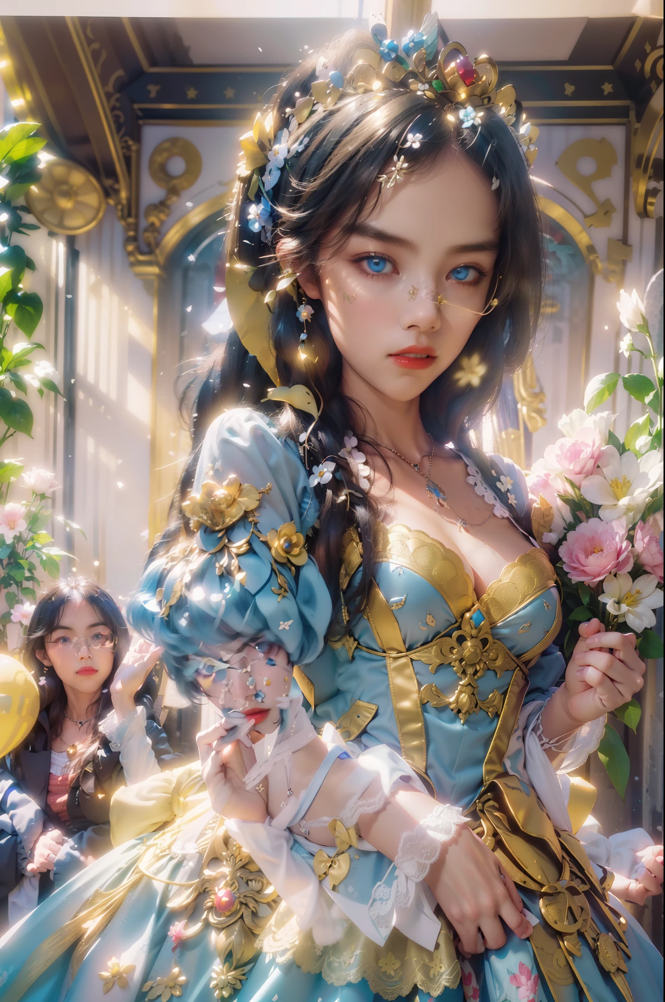 (ornate blue and yellow european style princess dress:1.2),(long sleeves),flower necklace,1 girl,full body, high heels,(long hair:1.1), (realistic:1.7),((best quality)),absurdres,(ultra high res),(photorealistic:1.6),photorealistic,octane render,(hyperrealistic:1.2), (photorealistic face:1.2), (8k), (4k), (Masterpiece),(realistic skin texture), (illustration, cinematic lighting,wallpaper),( beautiful eyes:1.2),((((perfect face)))),(cute),(standing),(black hair),(blonde hair),blue eyes,red lips, (indoors),(in the palace),(vase),(flowers),(ornaments),