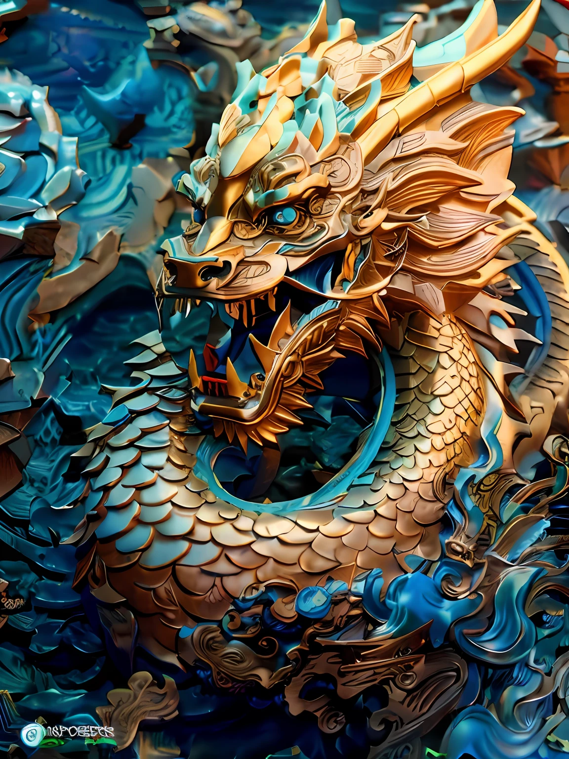 Dragon statue on blue background，wave, cyan chinese dragon fantasy, Detailed digital 3D art, intricate ornate anime cgi style, smooth chinese dragon, Chinese Dragon, Highly detailed digital art, high detailed digital art, ultra detailed Digital art, 8K high quality detailed art, Golden dragon, chinese dragon concept art, majestic japanese dragon, dragon design language