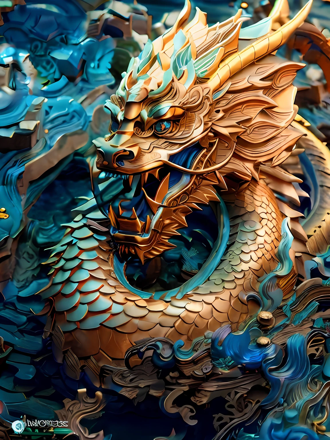 Dragon statue on blue background，wave, cyan chinese dragon fantasy, Detailed digital 3D art, intricate ornate anime cgi style, smooth chinese dragon, Chinese Dragon, Highly detailed digital art, high detailed digital art, ultra detailed Digital art, 8K high quality detailed art, Golden dragon, chinese dragon concept art, majestic japanese dragon, dragon design language