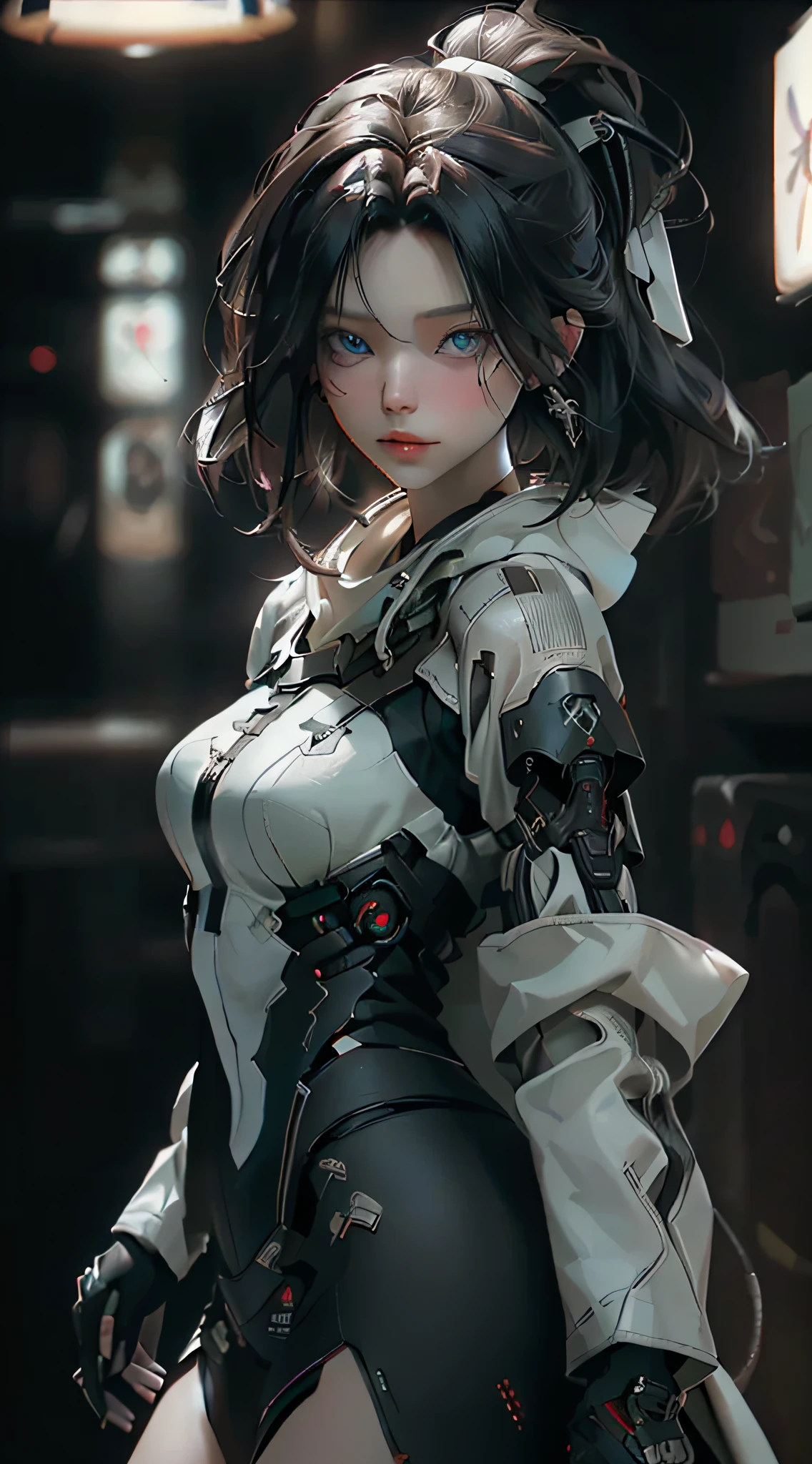 ((best qualtiy)), ((tmasterpiece)), (the detail:1.4), 3D girl, A beautiful cyberpunk female image,brown hair,Dark blue eyes,white colored eyelashes,Dressed in black,hdr(HighDynamicRange),Ray traching,NVIDIA RTX,Hyper-Resolution,Unreal 5,Subsurface scattering、PBR Texture、post-proces、Anisotropy Filtering、depth of fields、maximum definition and sharpness、Many-Layer Textures、Albedo e mapas Speculares、Surface coloring、Accurate simulation of light-material interactions、perfectly proportions、rendering by octane、Two-colored light、largeaperture、Low ISO、White balance、the rule of thirds、8K raw data、