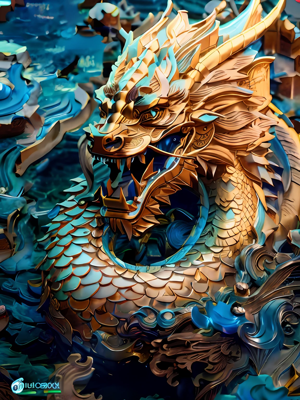Dragon statue on blue background,wave, cyan chinese dragon fantasy, Detailed digital 3D art, intricate ornate anime cgi style, smooth chinese dragon, Chinese Dragon, Highly detailed digital art, high detailed digital art, ultra detailed Digital art, 8K high quality detailed art, Golden dragon, chinese dragon concept art, majestic japanese dragon, dragon design language