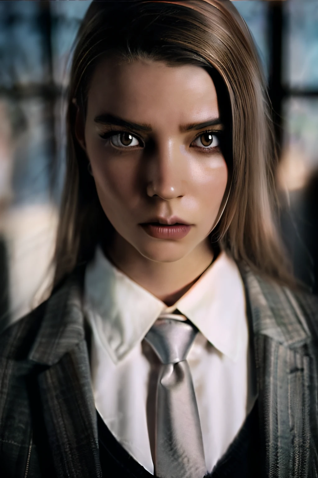 RAW photo, young woman, wearing a tie, slender fingers, school, indoors, (soothing tones:1.25), (hdr:1.25), (artstation:1.2), dramatic, (intricate details:1.14), (hyperrealistic 3d render:1.16), (filmic:0.55), (rutkowski:1.1), (faded:1.3), bad-hands-5