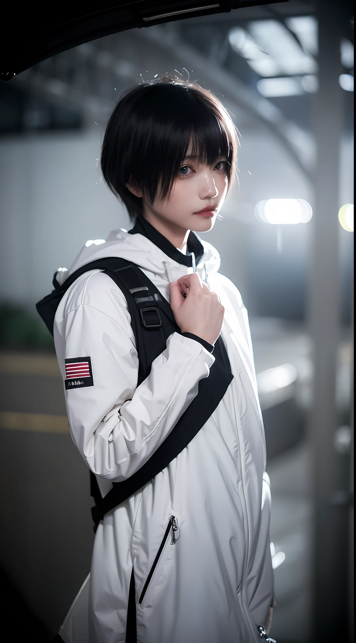 1girl, helmet, hood, solo, spacesuit, short_hair, bangs, jacket, upper_body, white_hair, bag, blurry, coat, grey_eyes, blurry_background, backpack, zipper, urban techwear, smoking,