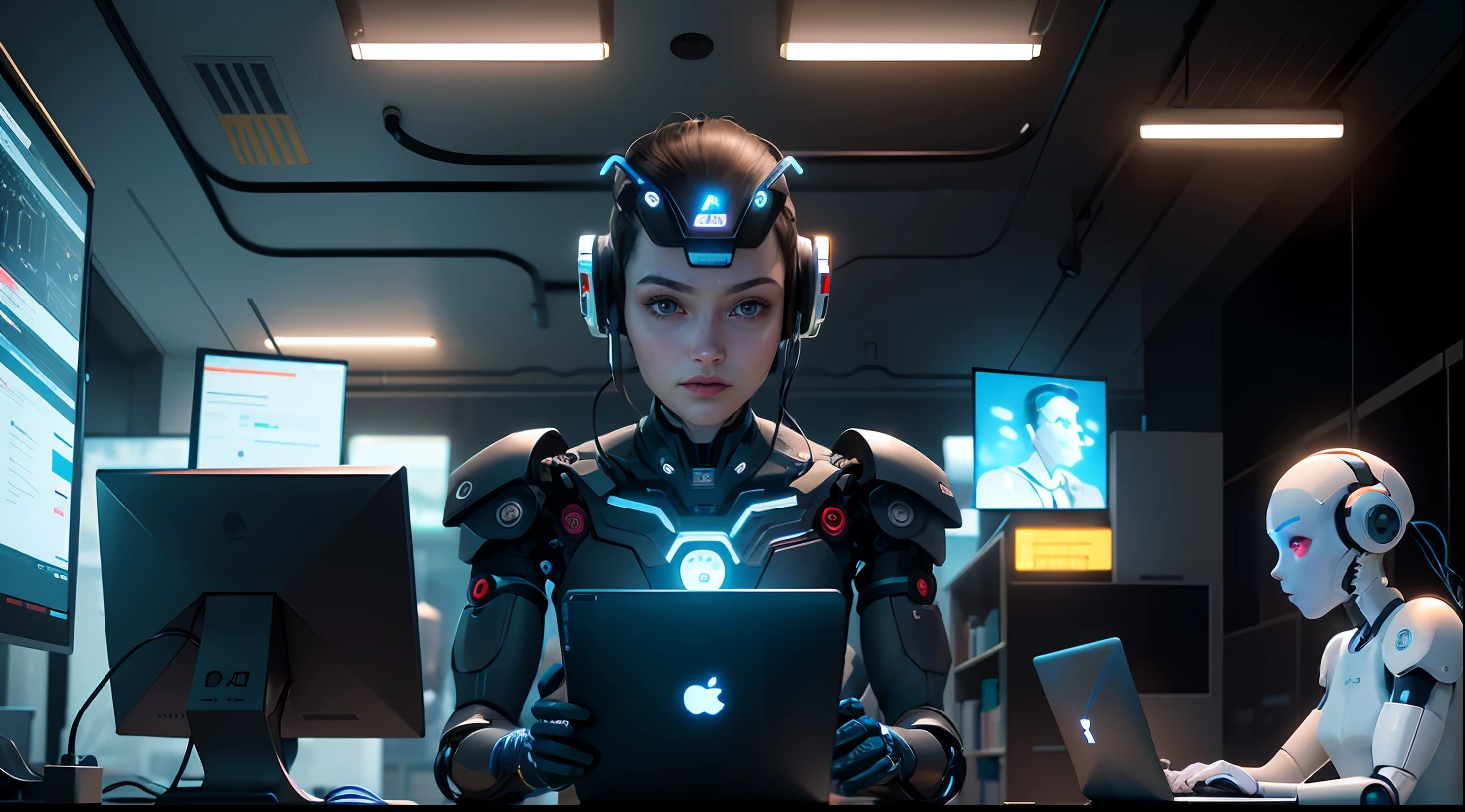 illustration of a human and robot working on computers, endless collaboration with ai, ai startup, strong artificial intelligence, artificial intelligence, artificial intelligence!!, with ai theme, cyborgs working, artificial intelligence machine, ai producing the realist, automation, robots, technological, human computer, ai researcher, robotics, future technology, corporate animation style