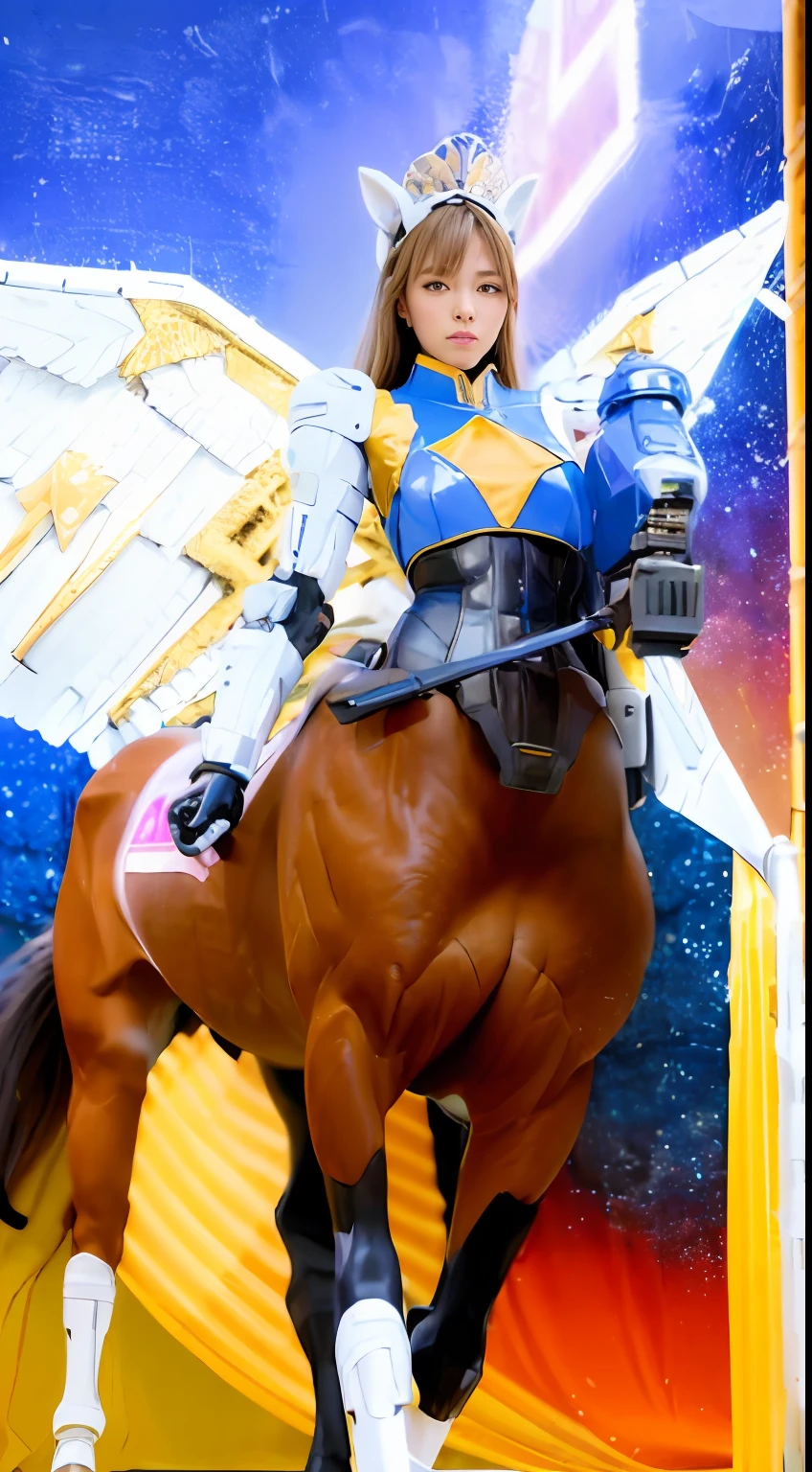 A female centaur,She is famous in the multiverse,She is both a female centaur, half human, half horse, half horse,It is also a female Yingzhao。She blends both images,The first is the head of a horse/neck/Shoulder these parts,After feminization,The upper body transforms into a beautiful female human,Female, half-centaur, half-human, half-horse, half-human,The second is the waist of the horse/hason/gluteal/Legs feminine,Female half-horse with beautiful woman's,Chimer,It's like a female human wearing a half-horse-like costume and making a seamless chimera,This chimerization is based on powerful futuristic technology。The ultra-wide-angle lens captures the image of her beautiful and ethereal wings on the ionosphere launching a super-high-speed charge and leaping。Her front half is distinctly feminine,Tall sexy body,Has K cup teardrop-shaped giant tit chest,It has a small man's waist butterfly spanning long legs,The half-horse part of the hind body,Embedded interface at the hip position。Her horse-shaped part has female physiology and ergonomics on both the half-horse torso and hips and legs。The chest cavity of a woman in the shape of a bent dog style embedded in the lower back position of the beautiful woman's body starting from the upper part of the sternum/lower back/Ventral transverse。Then there are the sexy beauty's upright hips,Her entire body has been completely feminized,Including the half-horse part。Mechanized armor covers the legs with knee-shaped anti-joints and feet,And these parts are highly anthropomorphic,This makes her legs graceful and slender,Her four horse legs exploded in length proportions and was slender and toned,Under the legs are skinny white feet dressed in Skyscraper Heels,Use Midjourney's advanced stroke tools and color palettes, as well as texture packs, model packs, and texture tools,Concentration,Include all parts of her original horse physiology including fur/Waist and abdomen/Hip legs/Leg Capital Feminization,And give these parts a correspon