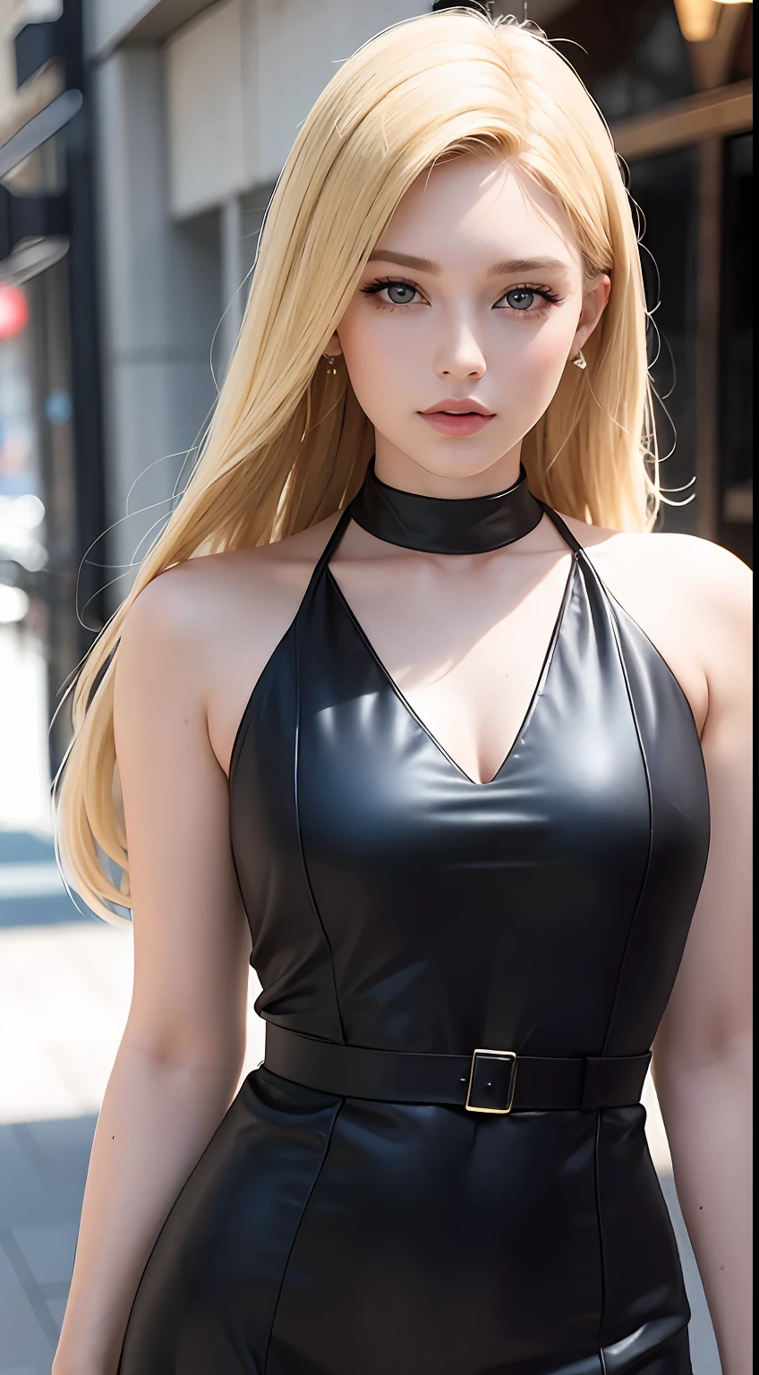European and American women, A fashion model, Wearing an A-line dress, Glamour, paparazzi taking pictures of her, Blonde hair, Brown eyes, 8K, High quality, Masterpiece, Best quality, HD, Extremely detailed, voluminetric lighting, Photorealistic