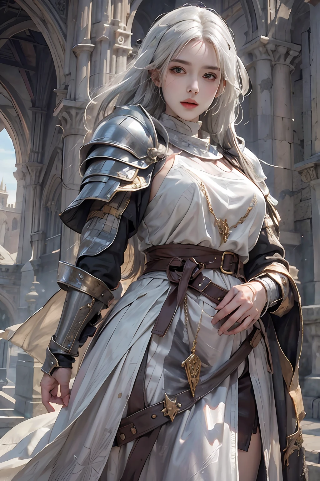 photorealistic, high resolution, 1women, solo, hips up, look at viewer, (detailed face), white hair, medieval armor, dark souls architectures style, jewelry