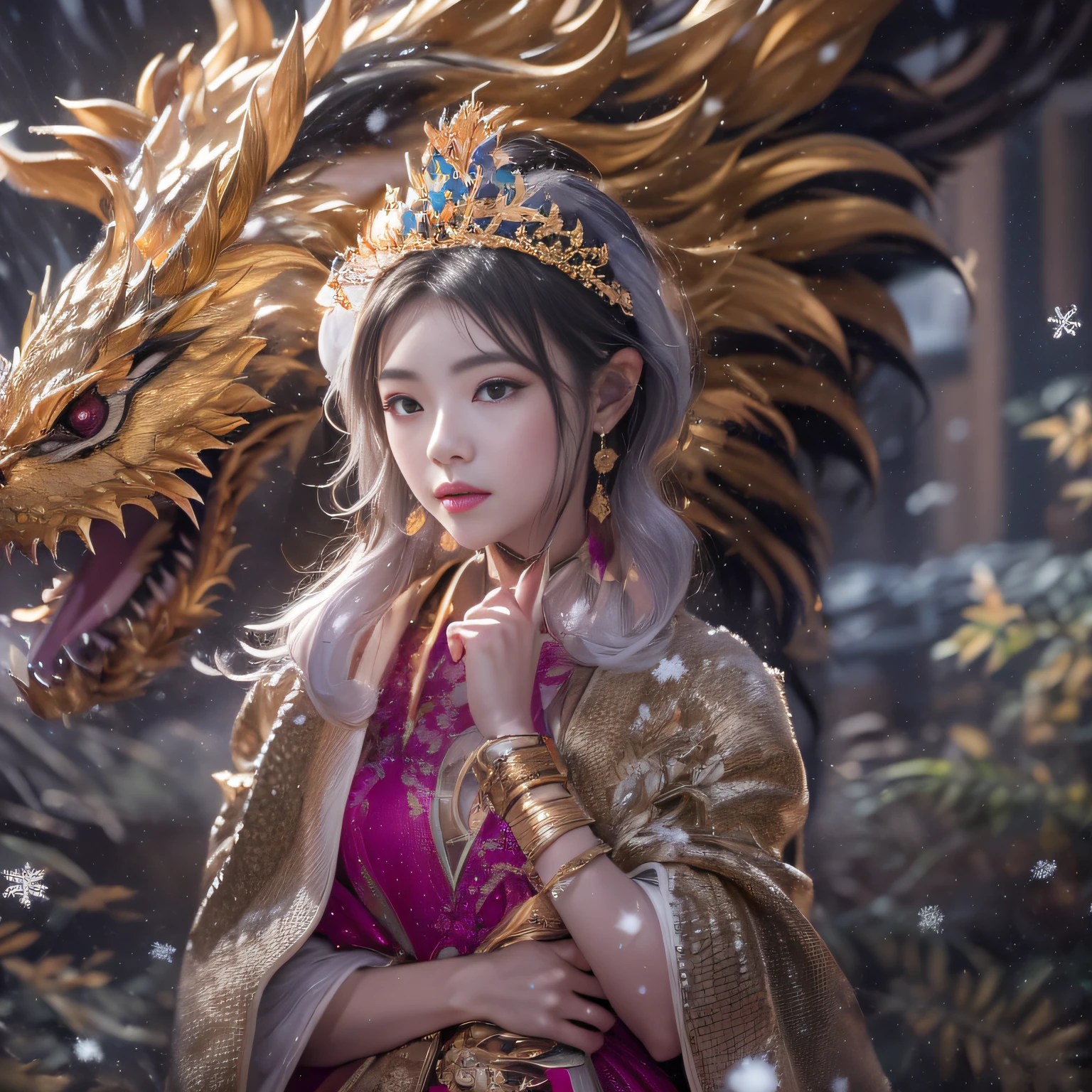 16k（tmasterpiece，k hd，hyper HD，16k）short detailed hair，Vintage train sleeper area，Snow Circle Girl ，Two Golden Dragon Protectors （realisticlying：1.4），Python robe，Purple-pink tiara，Snowflakes fluttering，The background is pure， A high resolution， the detail， RAW photogr， Sharp Re， Nikon D850 Film Stock Photo by Jefferies Lee 4 Kodak Portra 400 Camera F1.6 shots, Rich colors, ultra-realistic vivid textures, Dramatic lighting, Unreal Engine Art Station Trend, cinestir 800，