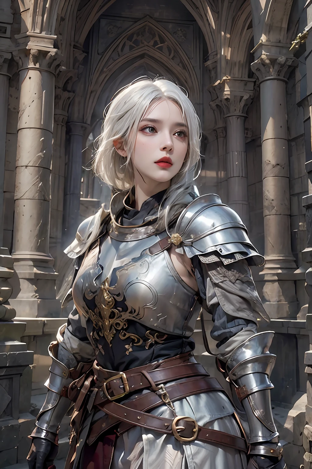 photorealistic, high resolution, 1women, solo, hips up, look at viewer, (detailed face), white hair, medieval armor, dark souls architectures style, jewelry