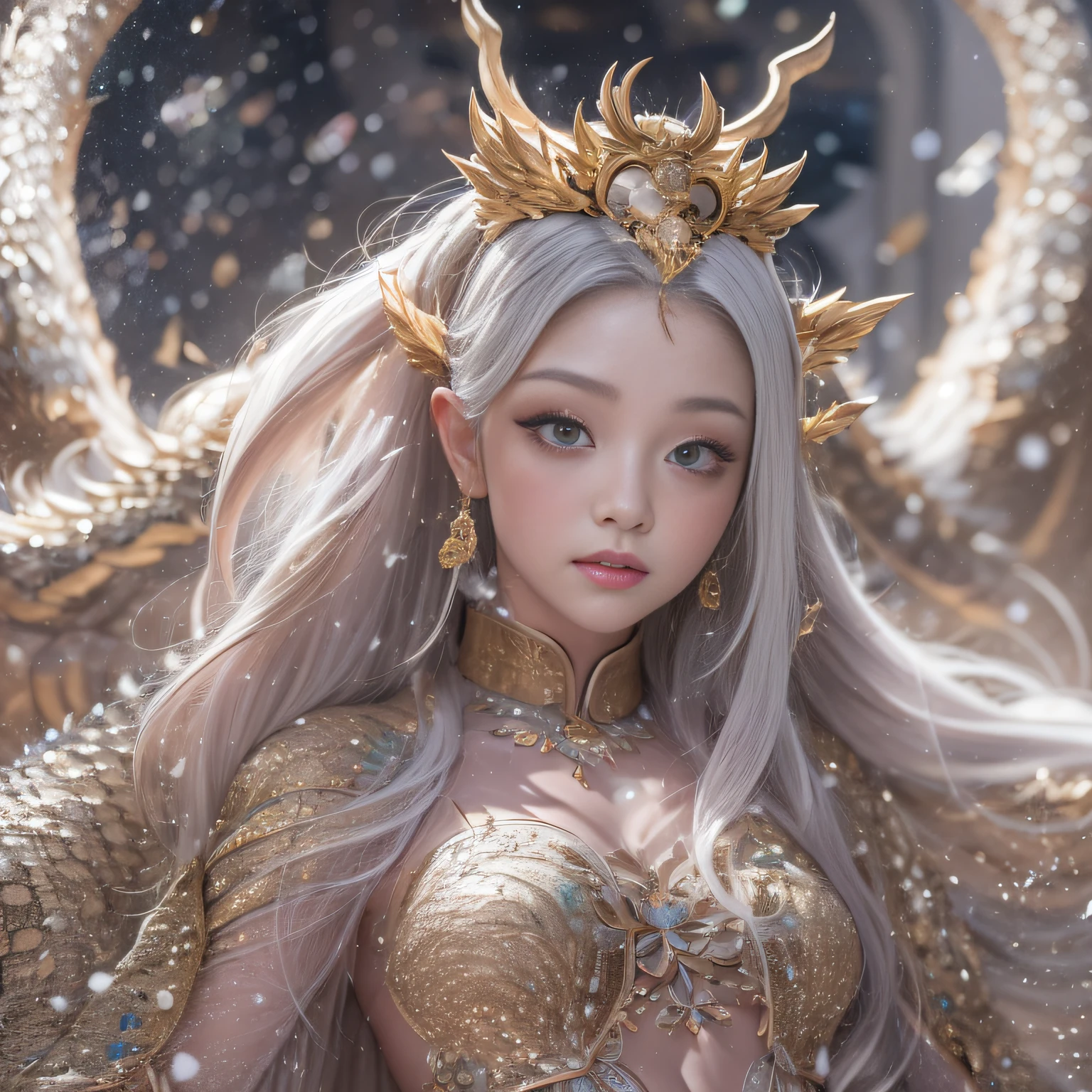 16k(tmasterpiece,k hd,hyper HD,16k)short detailed hair,Vintage train sleeper area,Snow Circle Girl ,Two Golden Dragon Protectors (realisticlying:1.4),Python robe,Purple-pink tiara,Snowflakes fluttering,The background is pure, A high resolution, the detail, RAW photogr, Sharp Re, Nikon D850 Film Stock Photo by Jefferies Lee 4 Kodak Portra 400 Camera F1.6 shots, Rich colors, ultra-realistic vivid textures, Dramatic lighting, Unreal Engine Art Station Trend, cinestir 800,