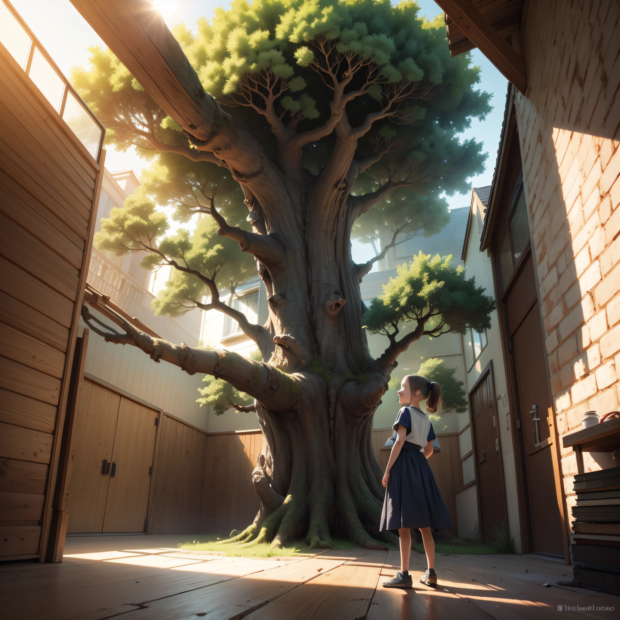 Interior scenery of closed shed, Interior of the closed warehouse, Tree with swing growing in the center of the shed. livros. biblioteca. parede de tijolos. There is a large tree in a brick and wood building with a circular area, arte conceitual de luminosidade azulada, Children's aesthetics, giant tree, Large tree, Arte realista, detalhes intrincados, environment design illustration, Arte de Fantasia, the world tree, fantasy tree, large green tree, arte conceitual estilizada, personagem infantil, 10-year-old child playing, The child is hidden in the corner of the scenery, positioned with your back to the camera, Cabelos Longos, longo vestido, vestido azul, Fluttering fabric, menina feliz