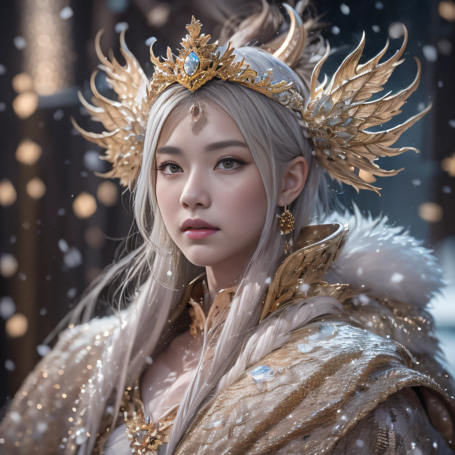 16k(tmasterpiece,k hd,hyper HD,16k)short detailed hair,Vintage train sleeper area,Snow Circle Girl ,Two Golden Dragon Protectors (realisticlying:1.4),Python robe,Purple-pink tiara,Snowflakes fluttering,The background is pure, A high resolution, the detail, RAW photogr, Sharp Re, Nikon D850 Film Stock Photo by Jefferies Lee 4 Kodak Portra 400 Camera F1.6 shots, Rich colors, ultra-realistic vivid textures, Dramatic lighting, Unreal Engine Art Station Trend, cinestir 800,