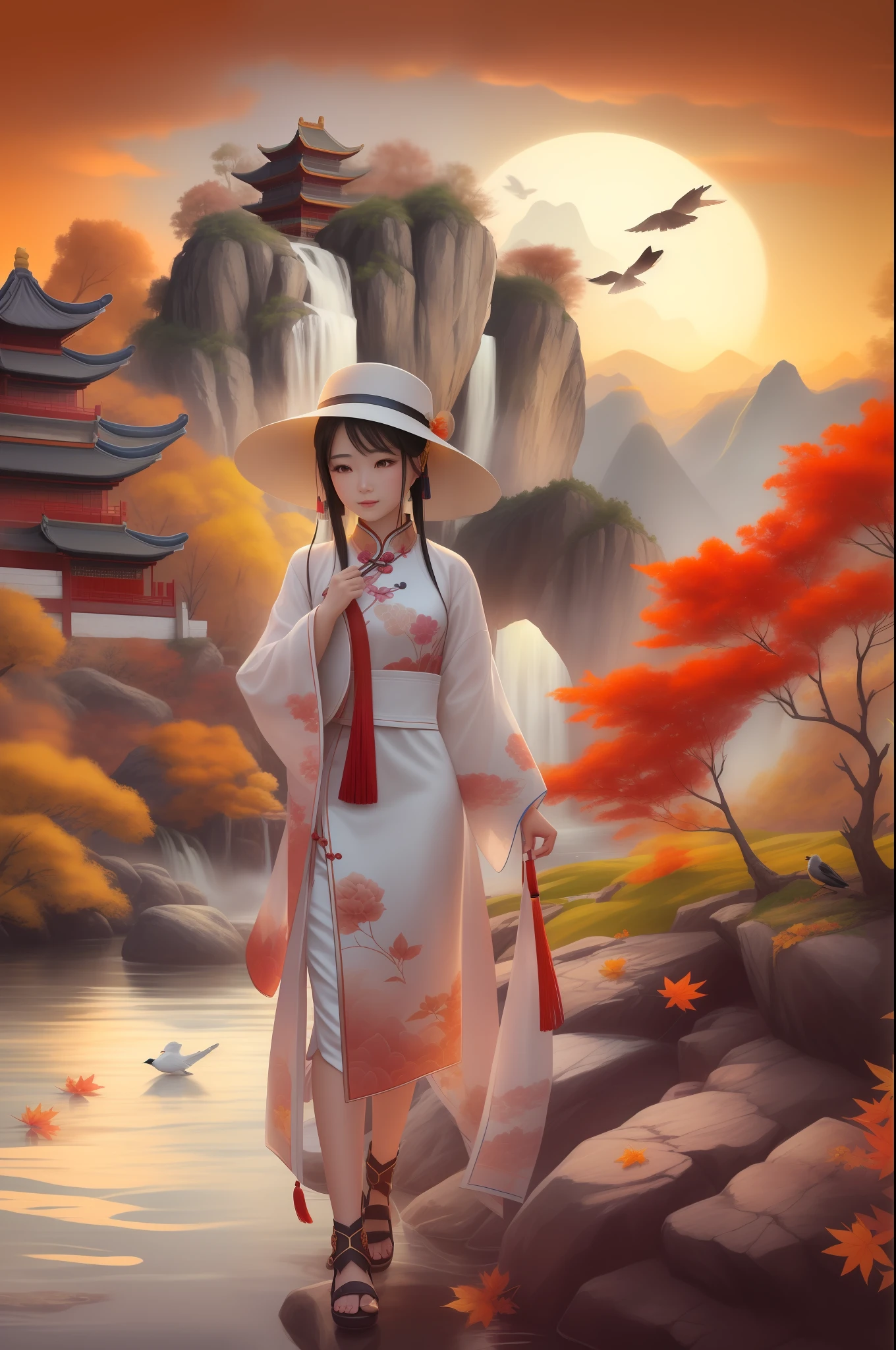 （Faraway view：Chinese scenery in autumn，High hills，waterfallr，evening light，Flying birds，Lake，suns），（foreground：China - chic Chinese cute girl，anatomy correct，Oriental elements），（China - Fashion illustration：1.5，Vector painting：1.5），（Chinese colors，senior color matching，gradient backgrounds，white backgrounid），（The is very detailed，reasonable design，Clear lines，High- sharpness，best qualtiy，tmasterpiece，offcial art，movie light effect，4K）