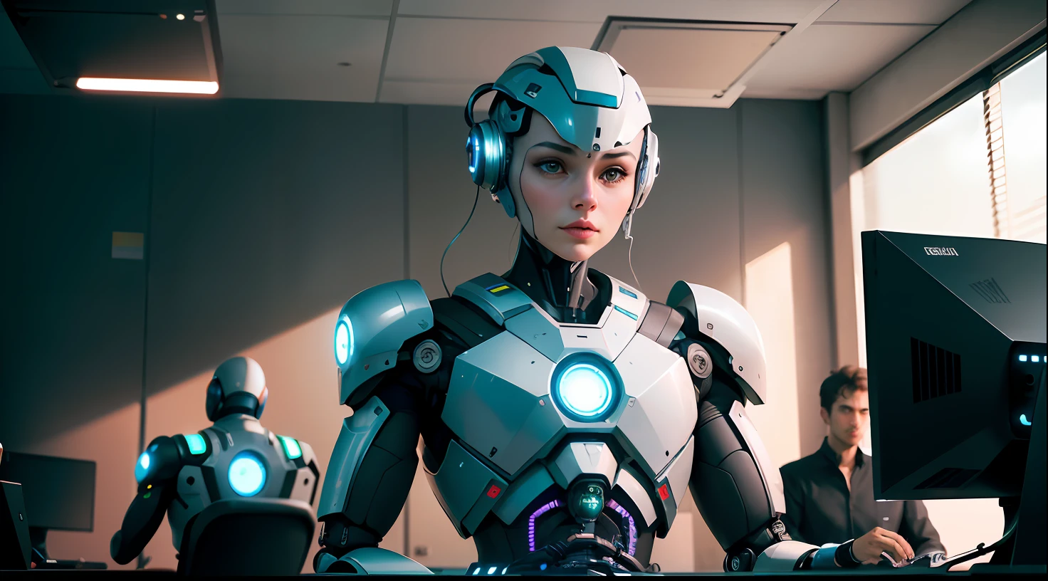 A real human and robot working on computers, endless collaboration with ai, ai startup, strong artificial intelligence, artificial intelligence, artificial intelligence!!, with ai theme, cyborgs working, artificial intelligence machine, ai producing the realist, automation, robots, technological, human computer, ai researcher, robotics, future technology, corporate animation style