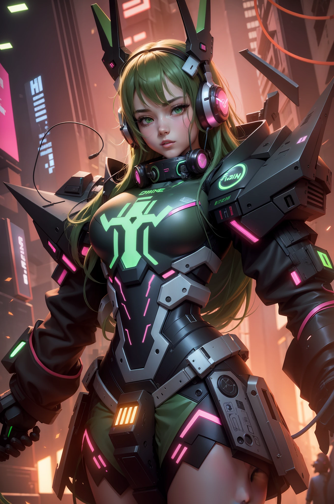 Female, girl, 3d, long hair, green hair, pretty, human face, headphone, Gundam, cyberpunk , neon, chest armor, furure mask mouth, glossy, Nvidia