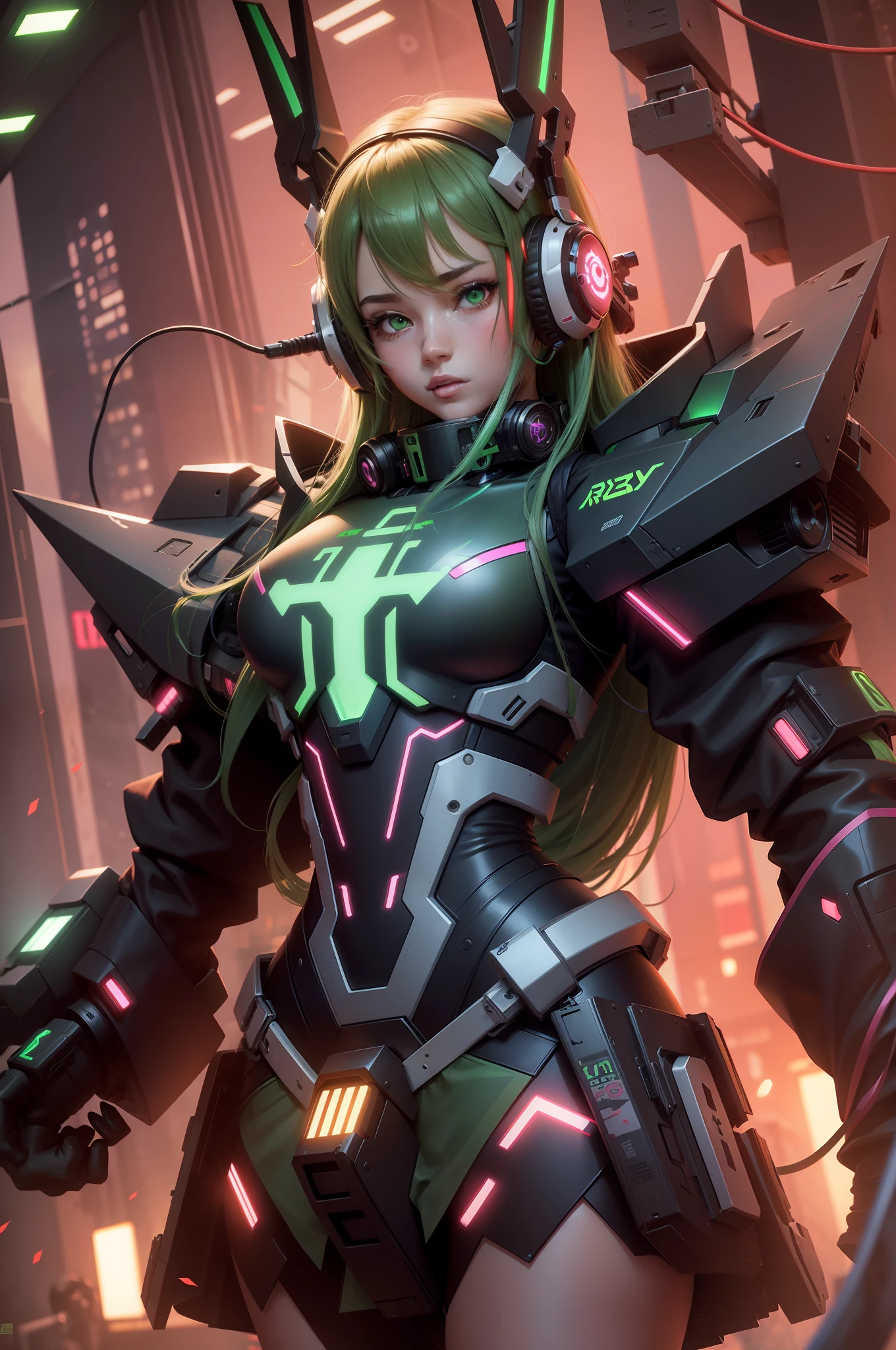 Female, girl, 3d, long hair, green hair, pretty, human face, headphone, Gundam, cyberpunk , neon, chest armor, furure mask mouth, glossy, Nvidia