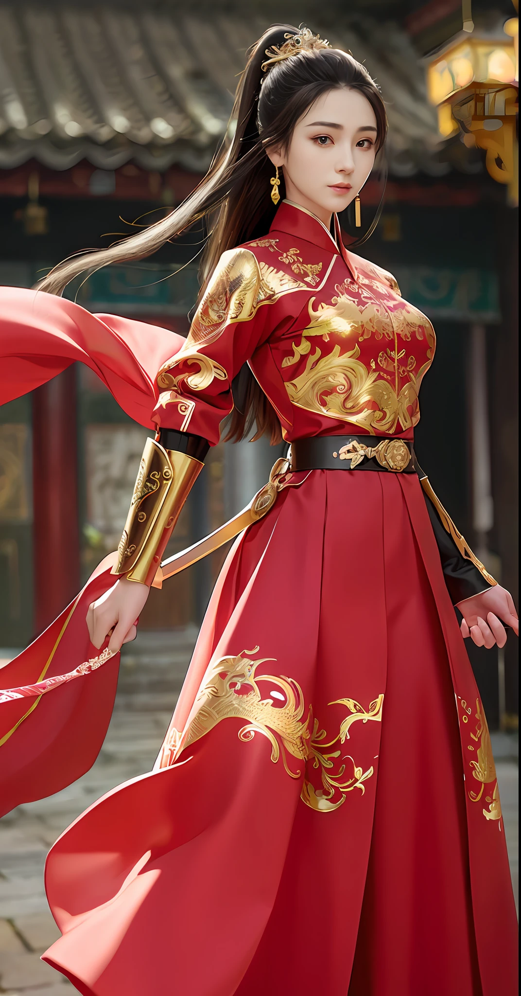 feiyu_clothes, red fabric, gold embroidery, gold embroidered black bracer, high ponytail, depth of field, night city view, 1girl, ulzzang-6500v1.1, (original: 1.2), (reality: 1.3) , beautiful girl with beautiful details, extremely detailed eyes and face, eyes with beautiful details, ridiculous, incredibly ridiculous, huge file size, hyper detail, high resolution, super detail, best quality, masterpiece, Illustrations, super detailed and beautiful, super detailed, CG, solidarity, 8k wallpaper, amazing, fine details, masterpiece, top quality, official art, extremely detailed CG Unity 8k wallpaper, cinematic lighting, (perfect shiny skin:0.6), slim smooth lines, (floating), (small breasts:1), earrings, masterpiece, best quality,