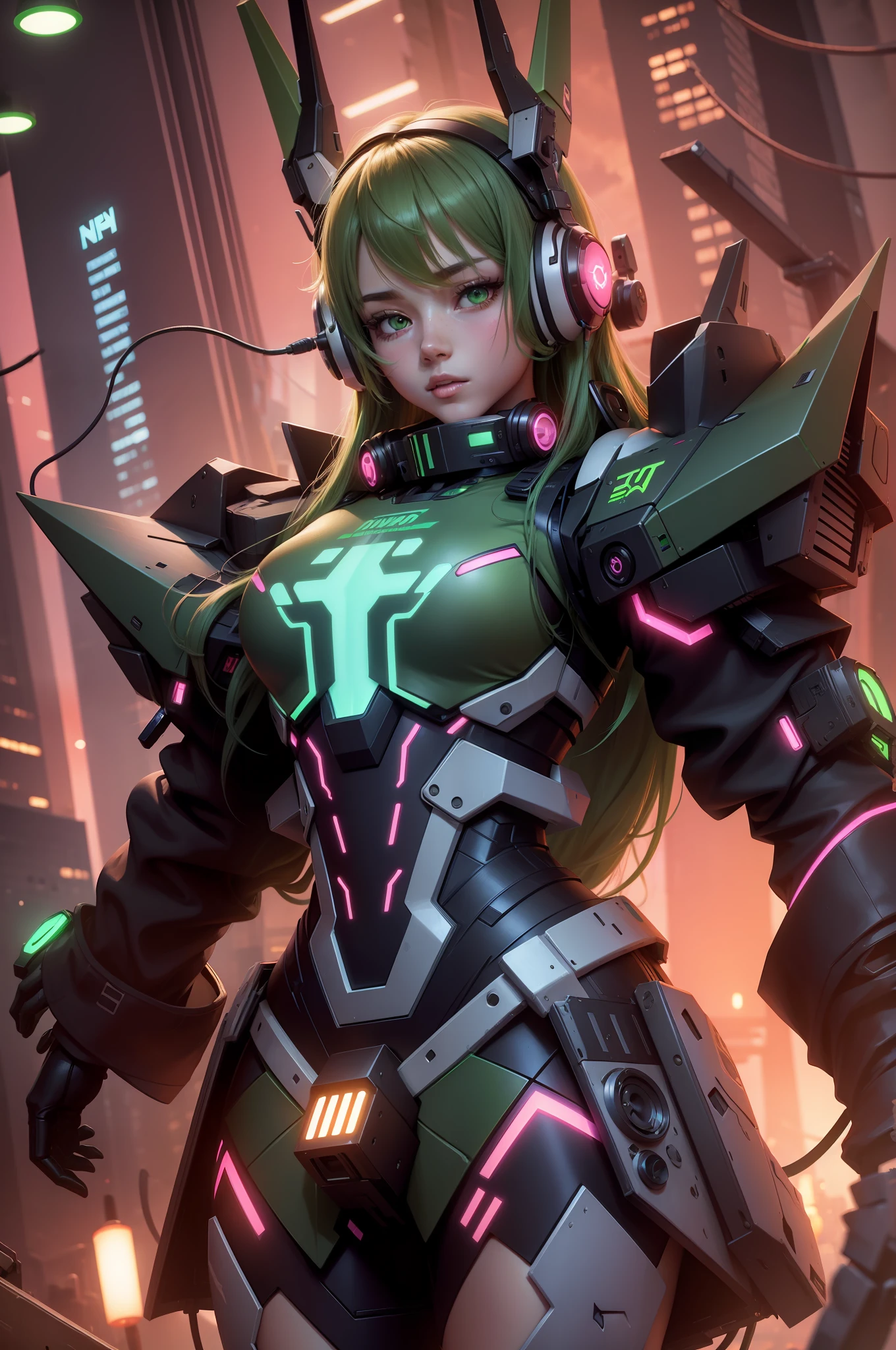 Female, girl, 3d, long hair, green hair, pretty, human face, headphone, Gundam, cyberpunk , neon, chest armor, furure mask mouth, glossy, Nvidia