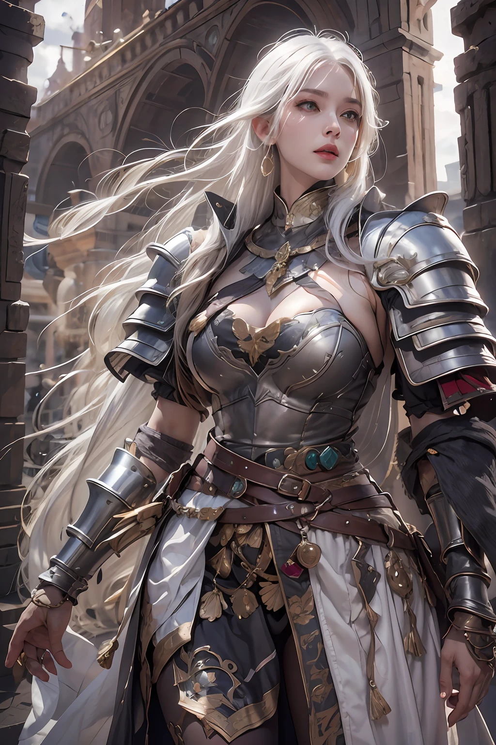 photorealistic, high resolution, 1women, solo, hips up, look at viewer, (detailed face), white hair, medieval armor, dark souls style, jewelry